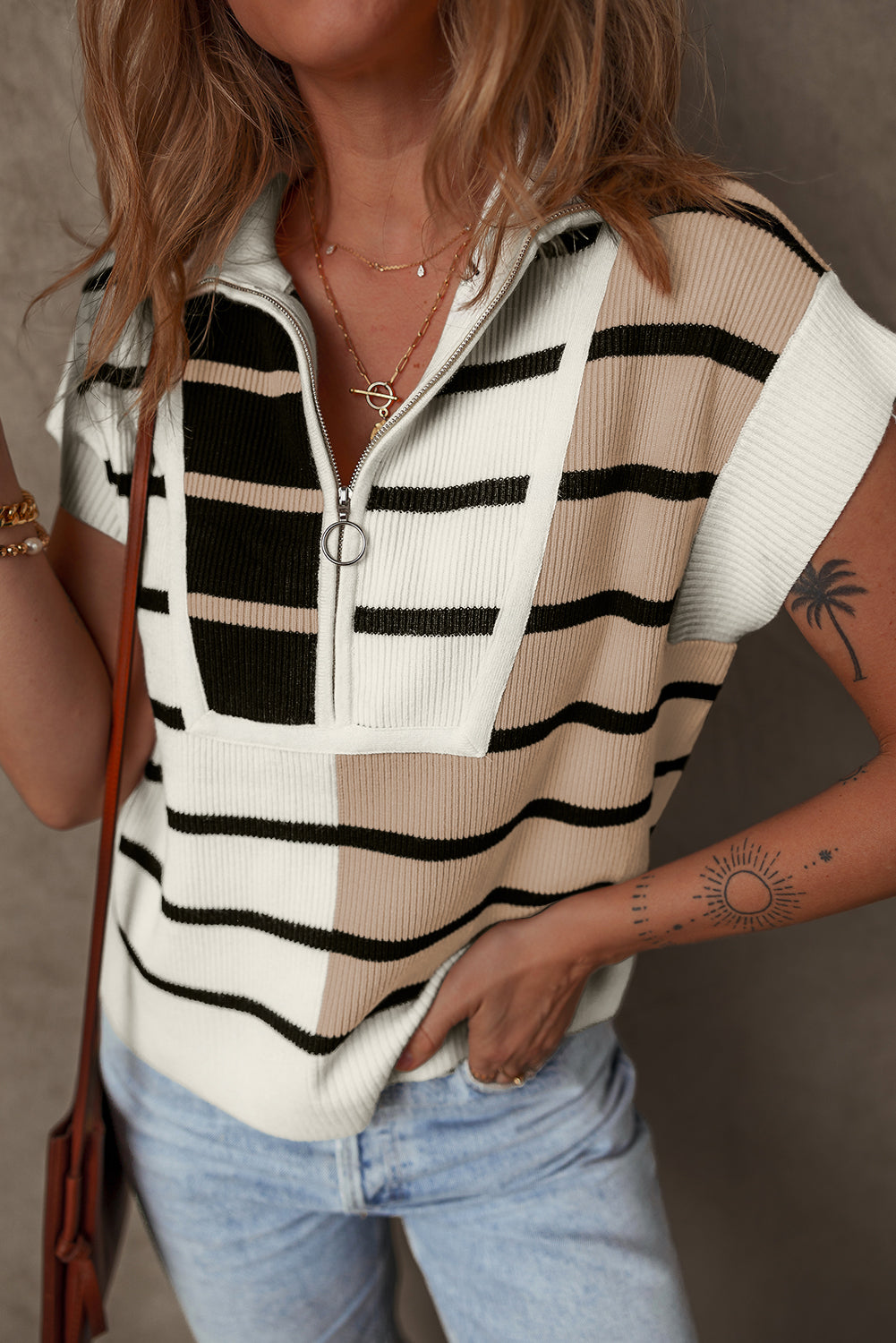 Black Stripe Colourblock Quarter Zip Collar Sweater Vest eAura
