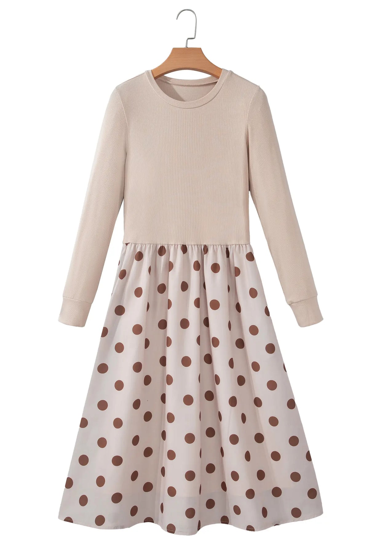Polka Dot Midi Long Sleeve Dress – Beige
