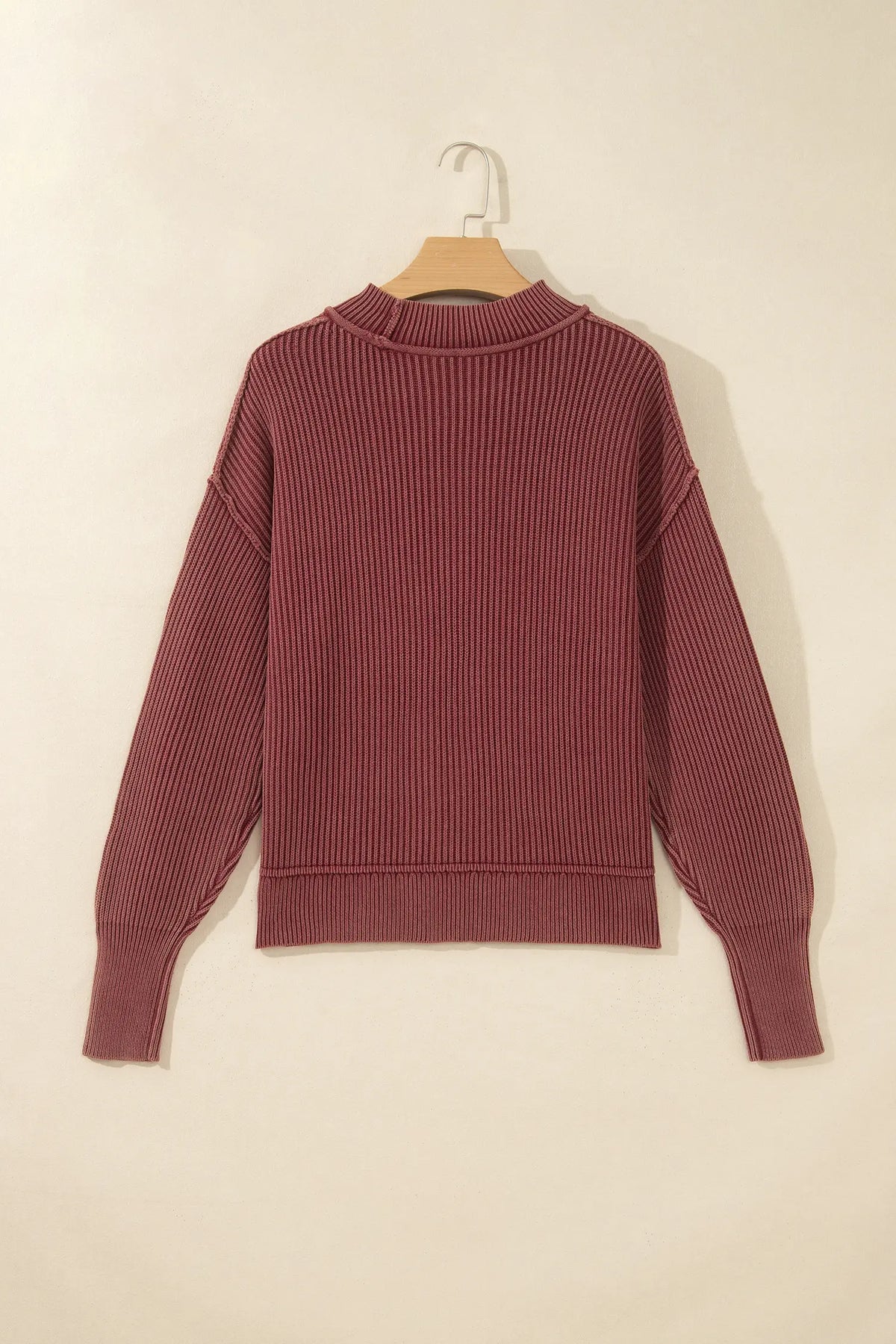 Red Dahlia Drop Shoulder High Neck Ribbed Sweater – Burgundy