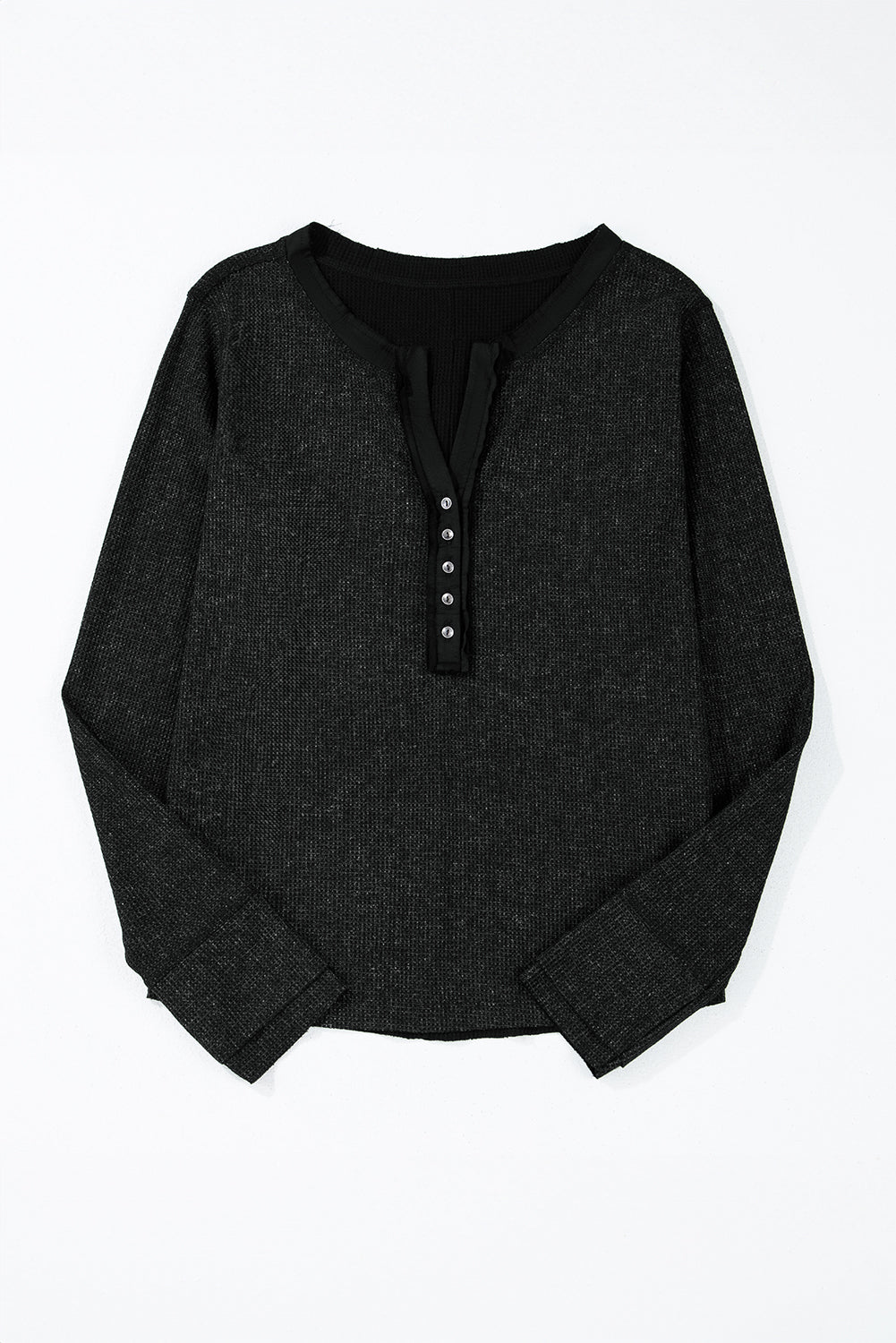 Smoke Green Acid Wash Waffle Knit Buttoned Neckline Long Sleeve Top Beagle Boutique Fashion Outlet