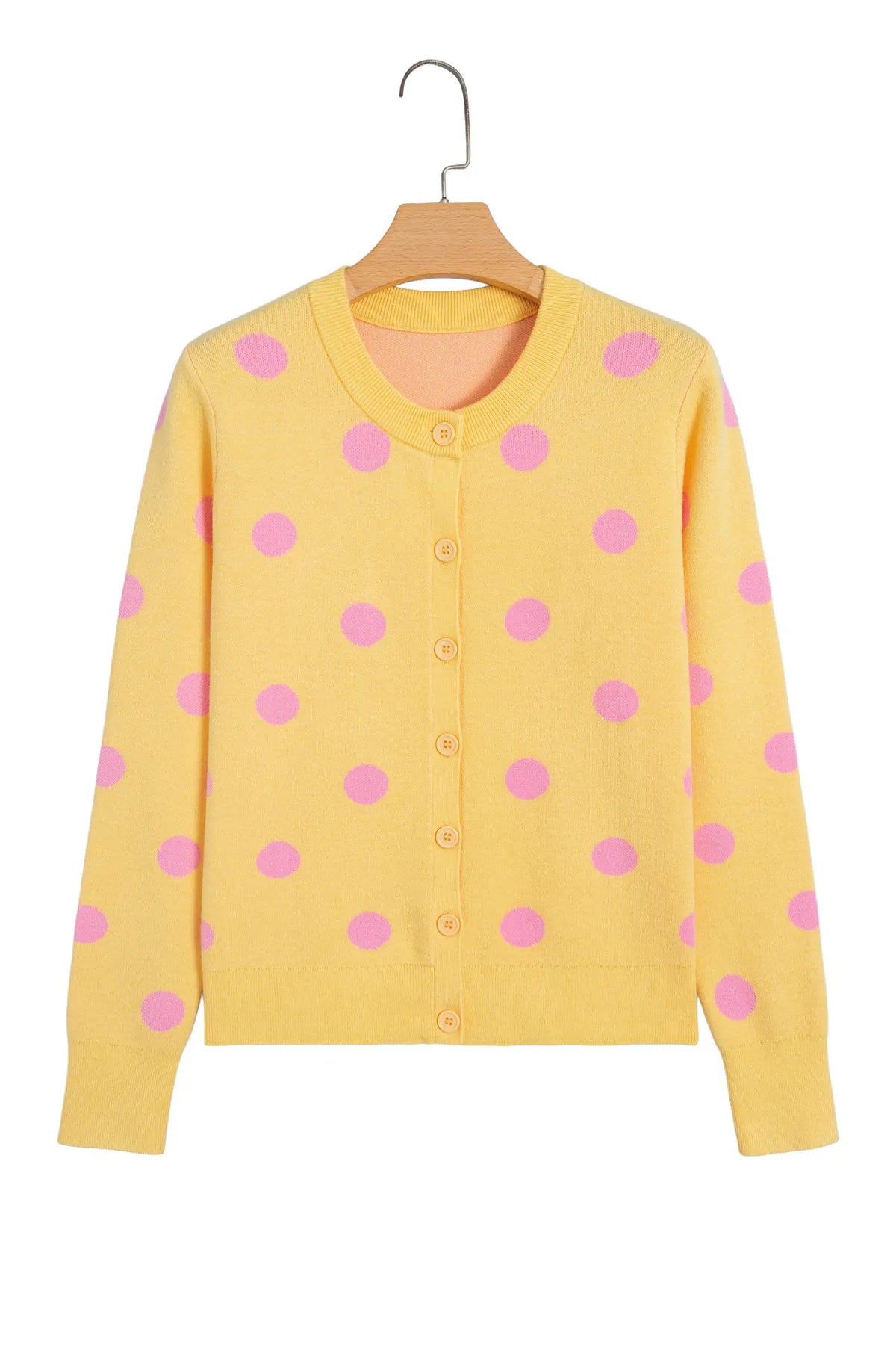 Casual Polka Dot Button Front Long Sleeve Sweater Cardigan – Yellow