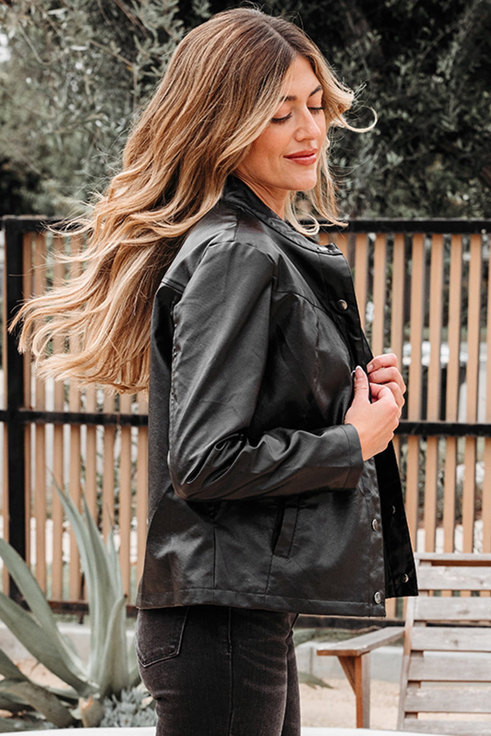 Black Faux Leather Buttoned Front Boxy Jacket eAura