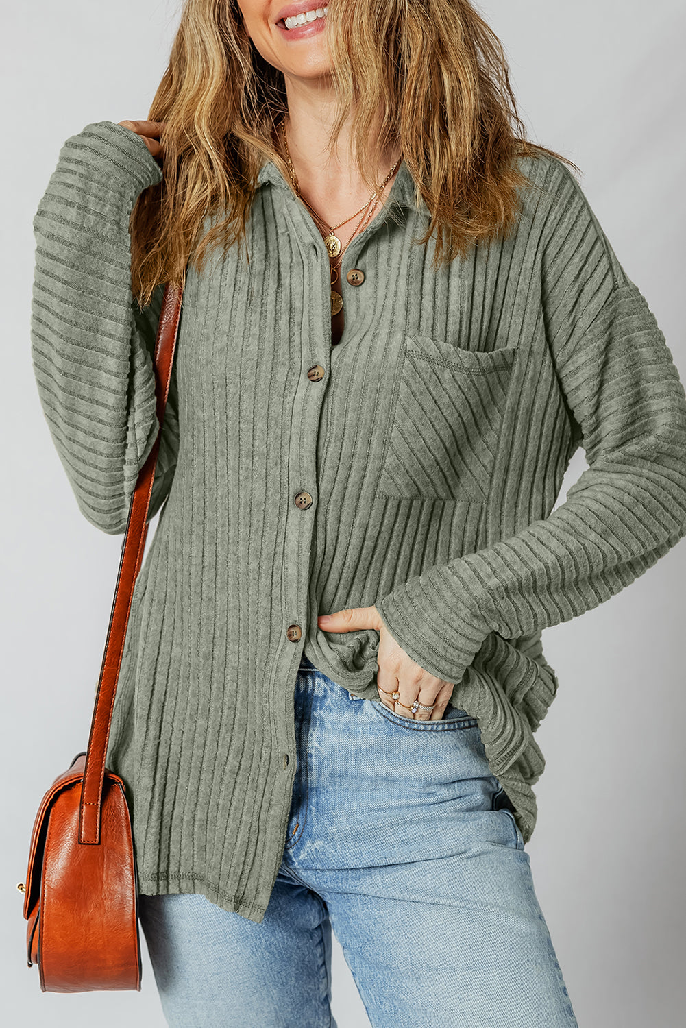Green Thermal Ribbed Texture Drop Shoulder Button Up Shacket - eAura