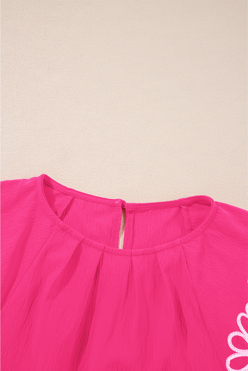 Sachet Pink Floral Embroidered Flutter Sleeve Pleated Neck Blouse eAura
