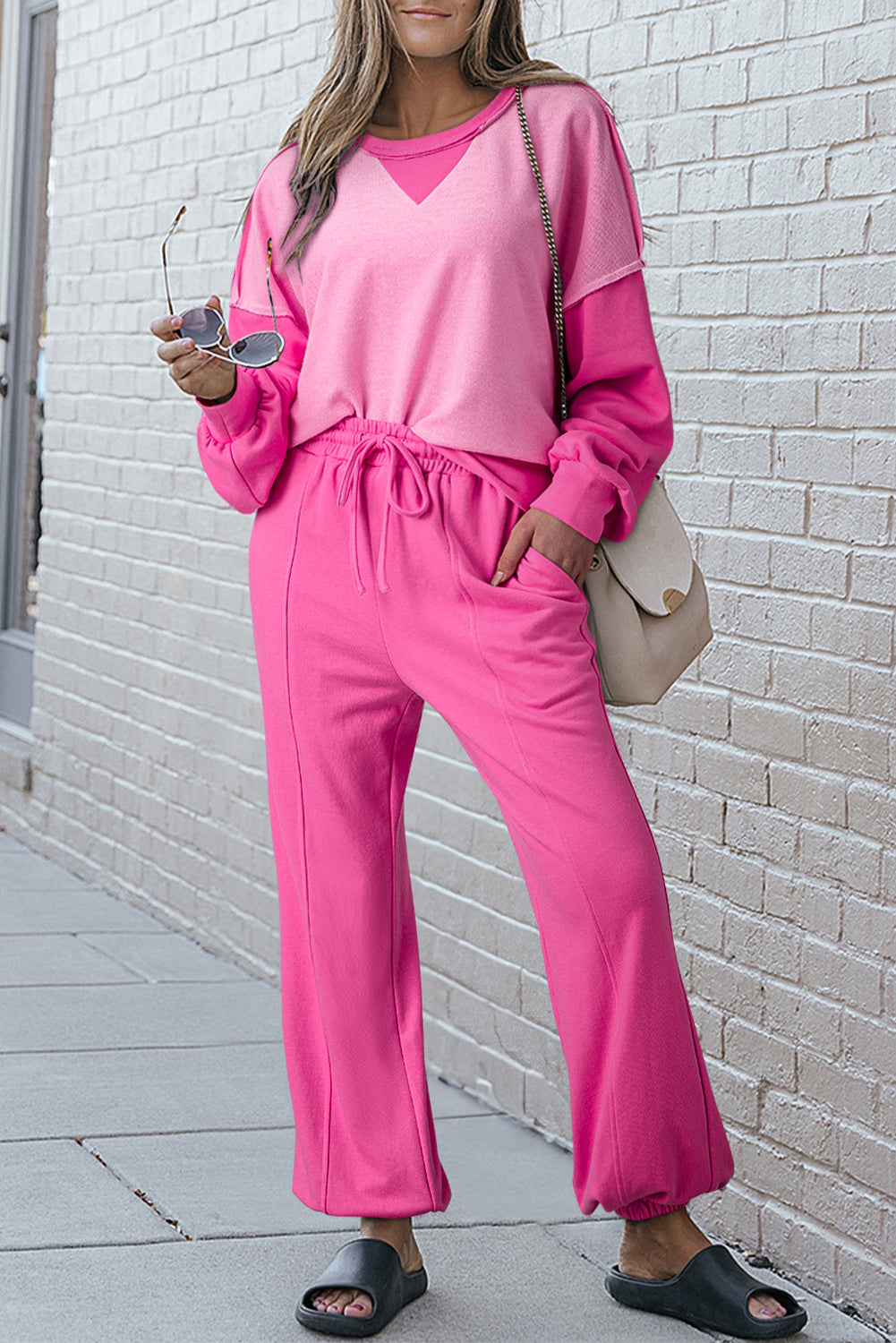 Bonbon Contrast Patchwork Pullover and Drawstring Joggers Set eAura