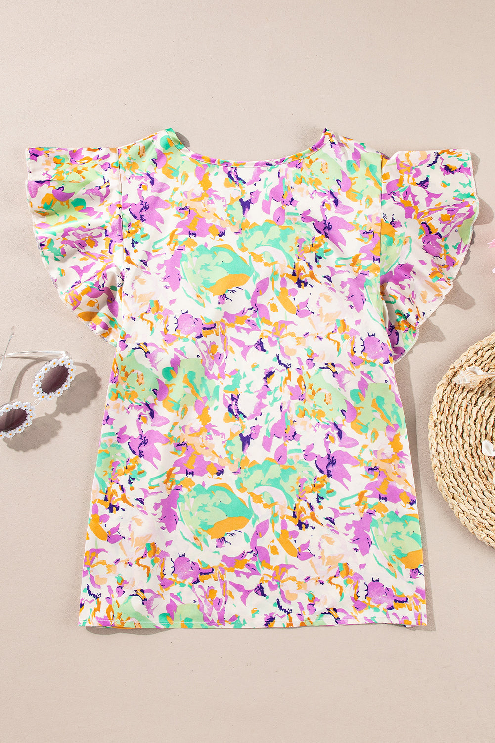 Purple Abstract Printed Ruffled Short Sleeve Notched Neck Blouse eAura