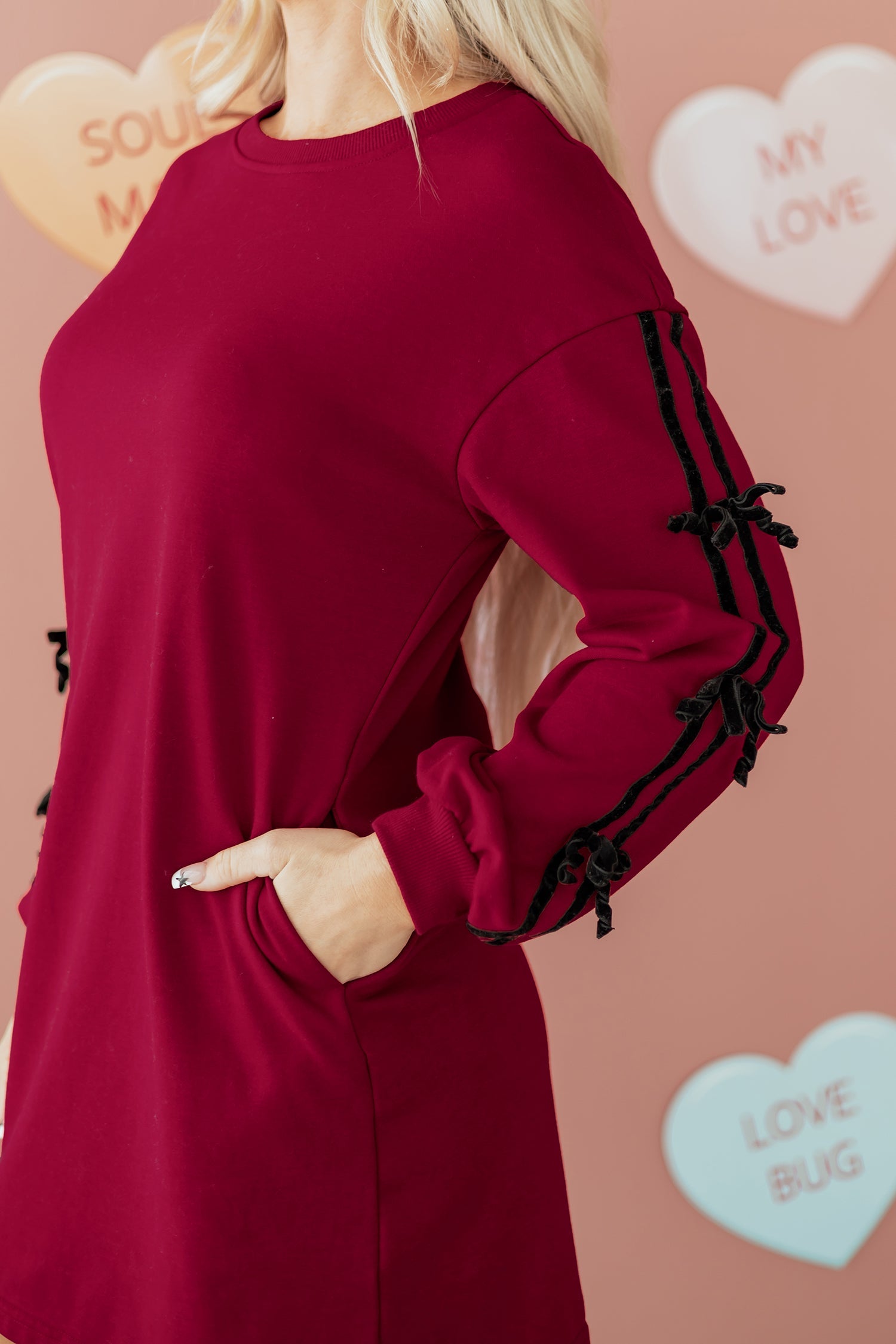 Contrast Striped Bow Detail Drop Shoulder Sweatshirt Dress with Pockets - eAura