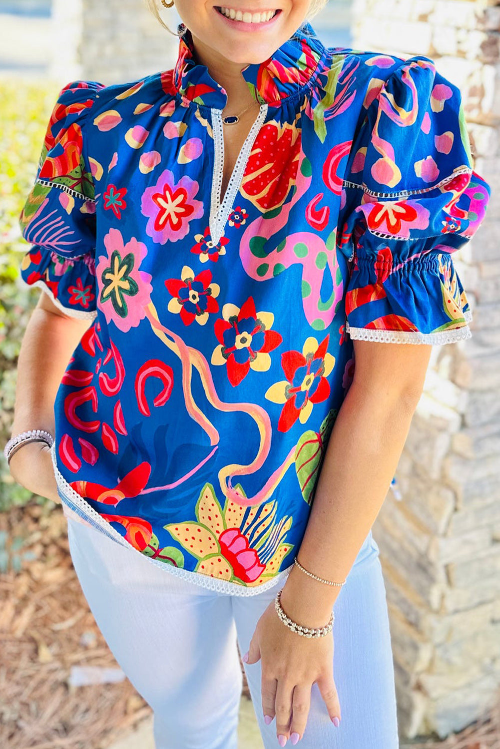 Blue Abstract Print Frilled Collar Ruffled Puff Short Sleeve Top eAura