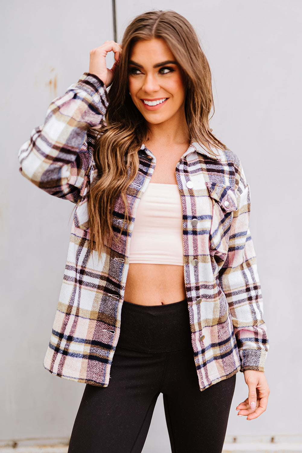 Pink Geometric Plaid Print Pocketed Shacket Beagle Boutique Fashion Outlet