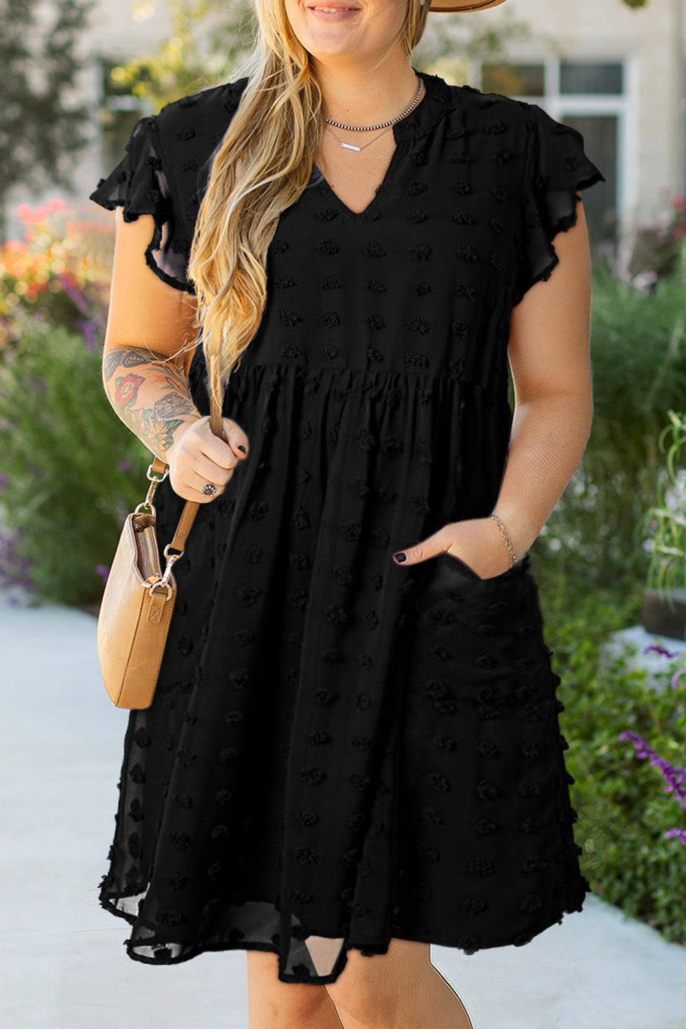 Black Dotty Textured Notched Neck Plus Ruffled Dress BB Fashion Outlet