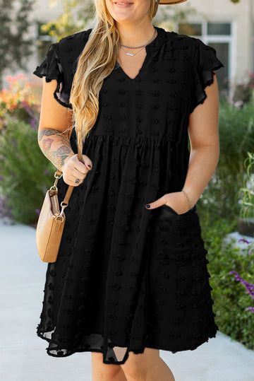 Black Dotty Textured Notched Neck Plus Ruffled Dress BB Fashion Outlet
