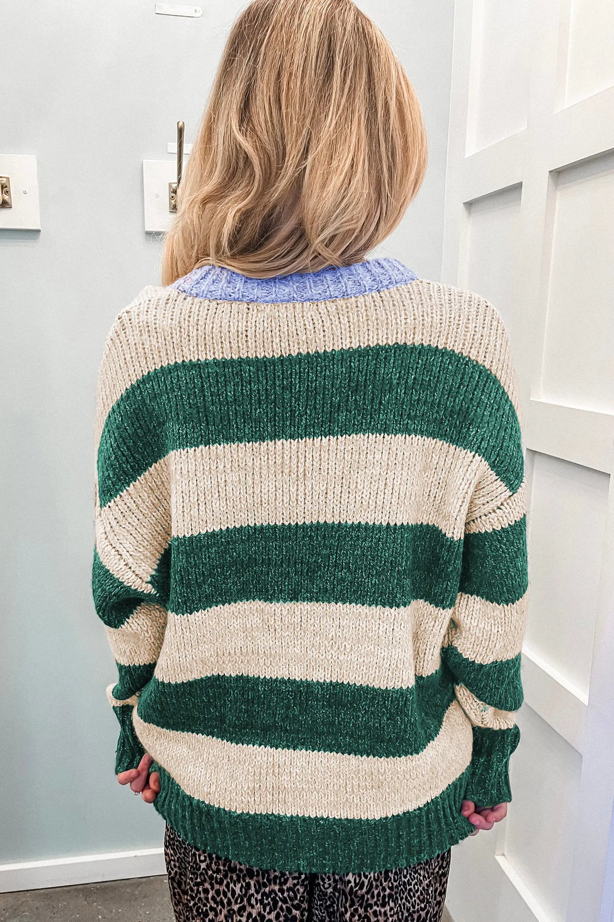 Striped Colourblock Drop Shoulder Pullover Sweater – Green Stripe