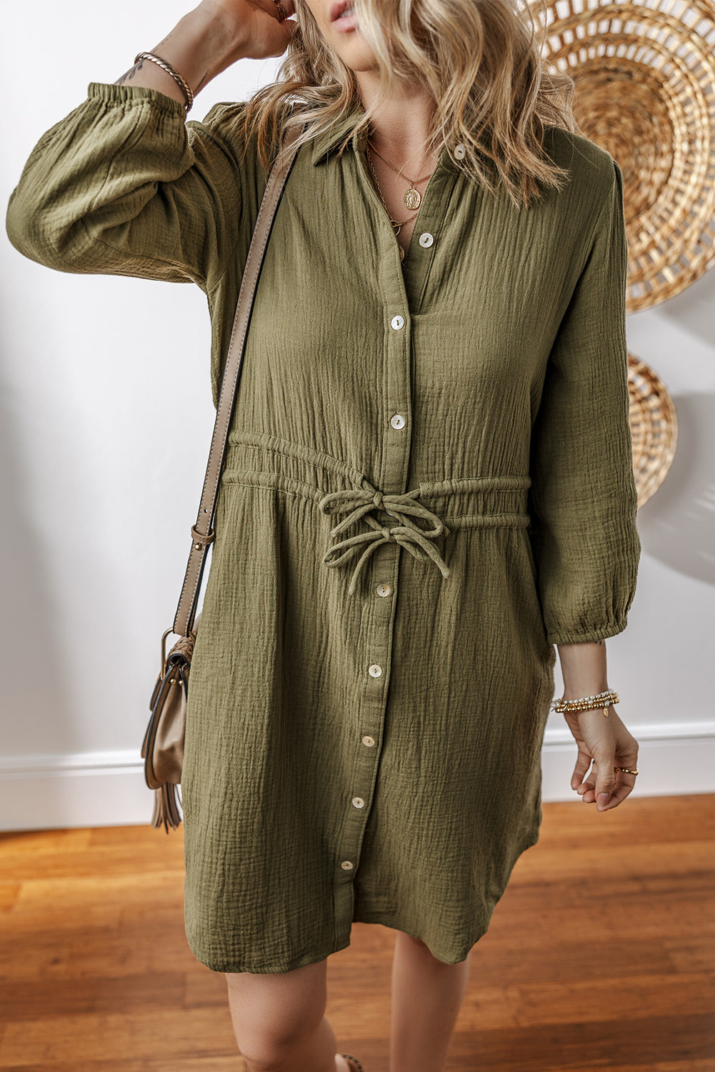 Jungle Green Textured Bracelet Sleeve Collared Button Up Dual Tied Mini Dress eAura
