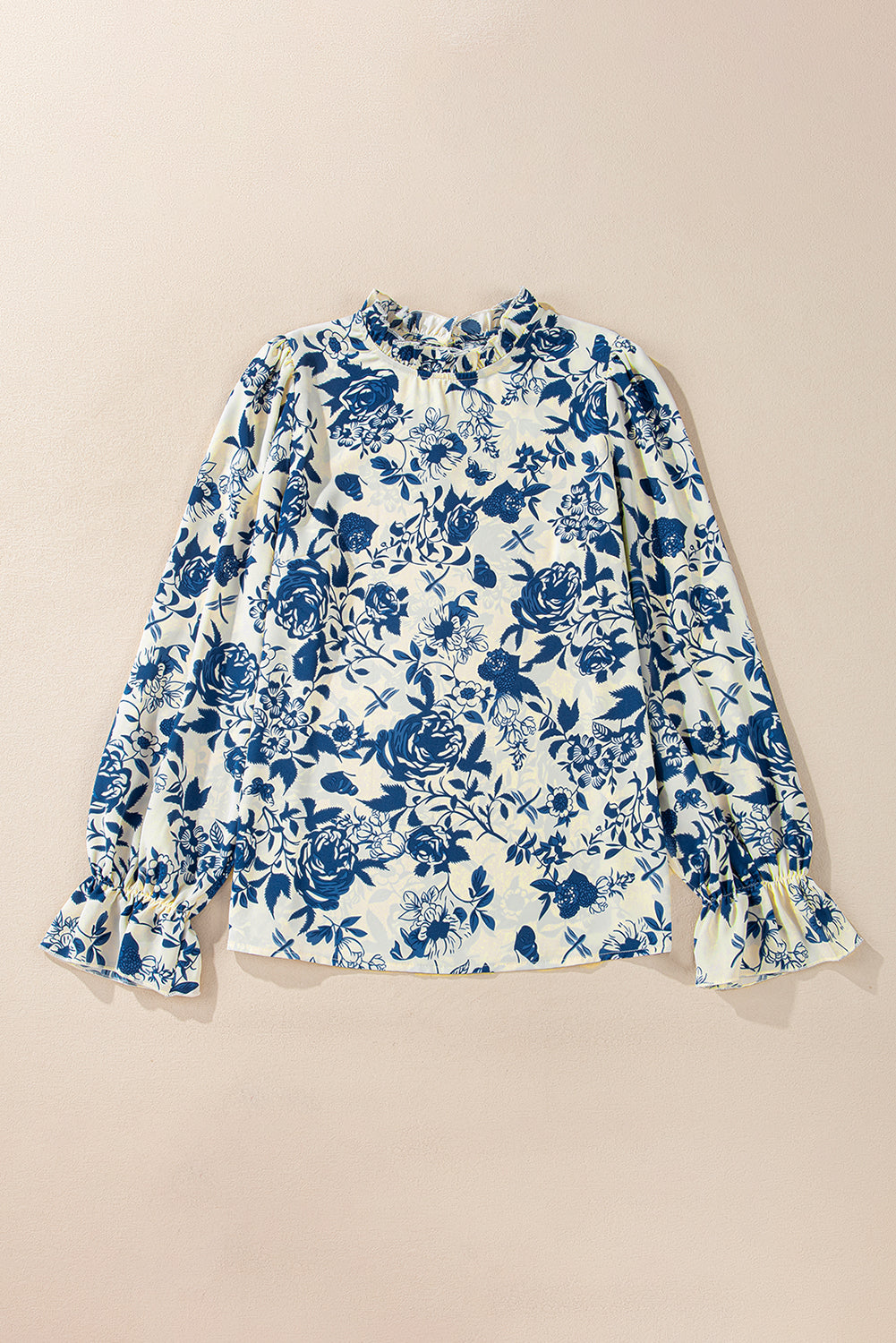 Sky Blue Floral Print Flounce Sleeve Keyhole Back Blouse - eAura