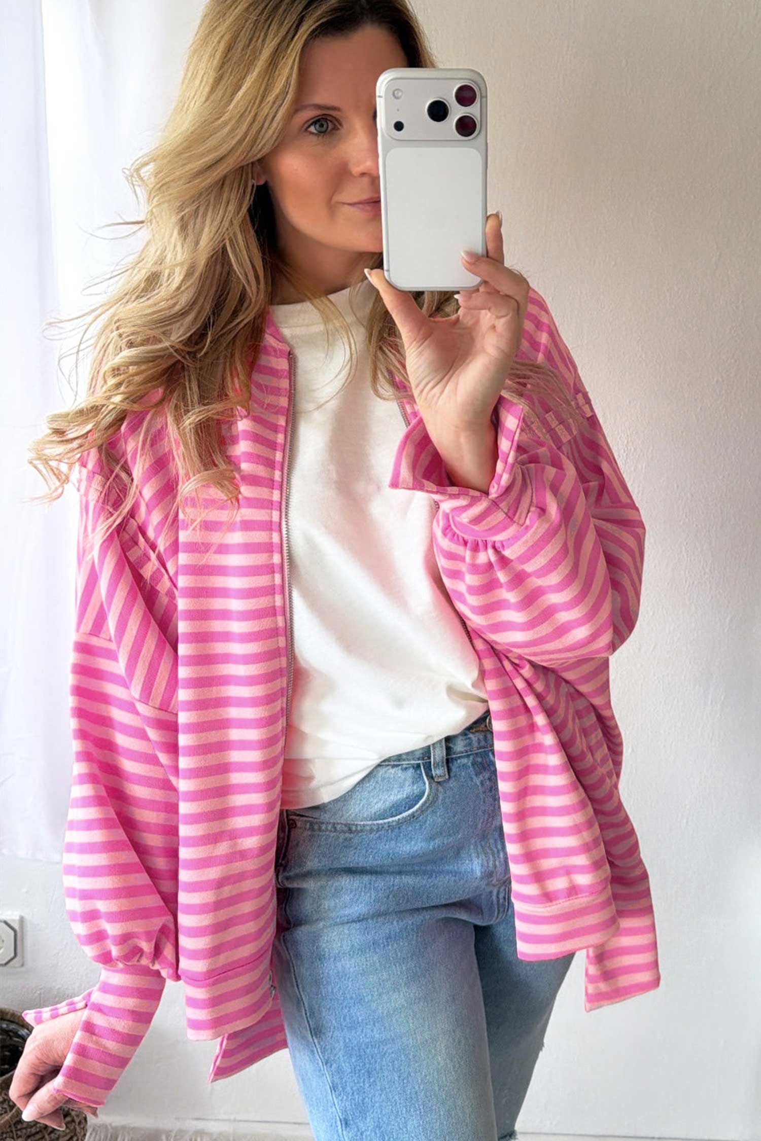 Zip-up Puff Sleeve Zip Jacket Sweatshirt – Pink Stripe