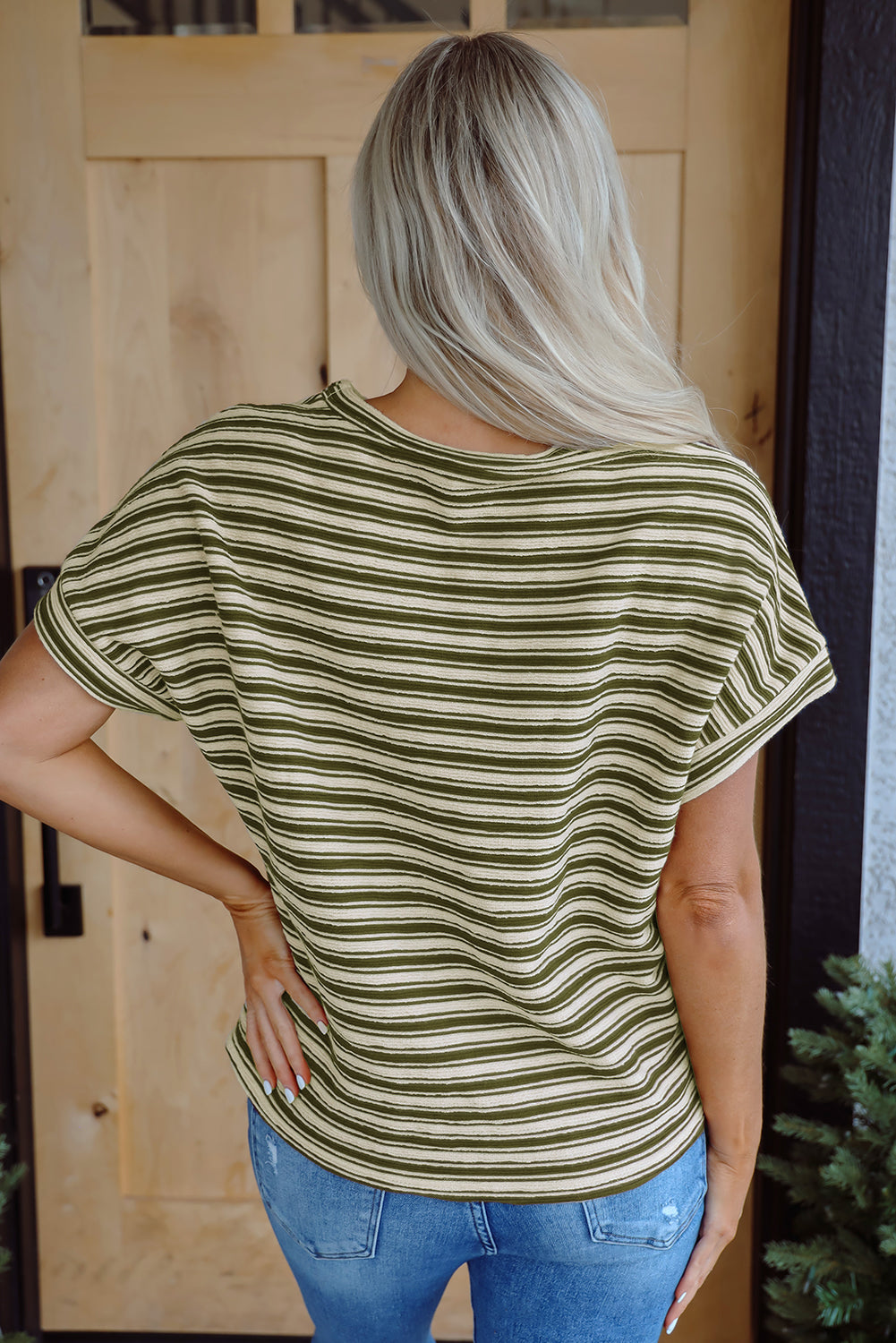 Green Stripe Textured Side Slits Crew Neck T Shirt - eAura