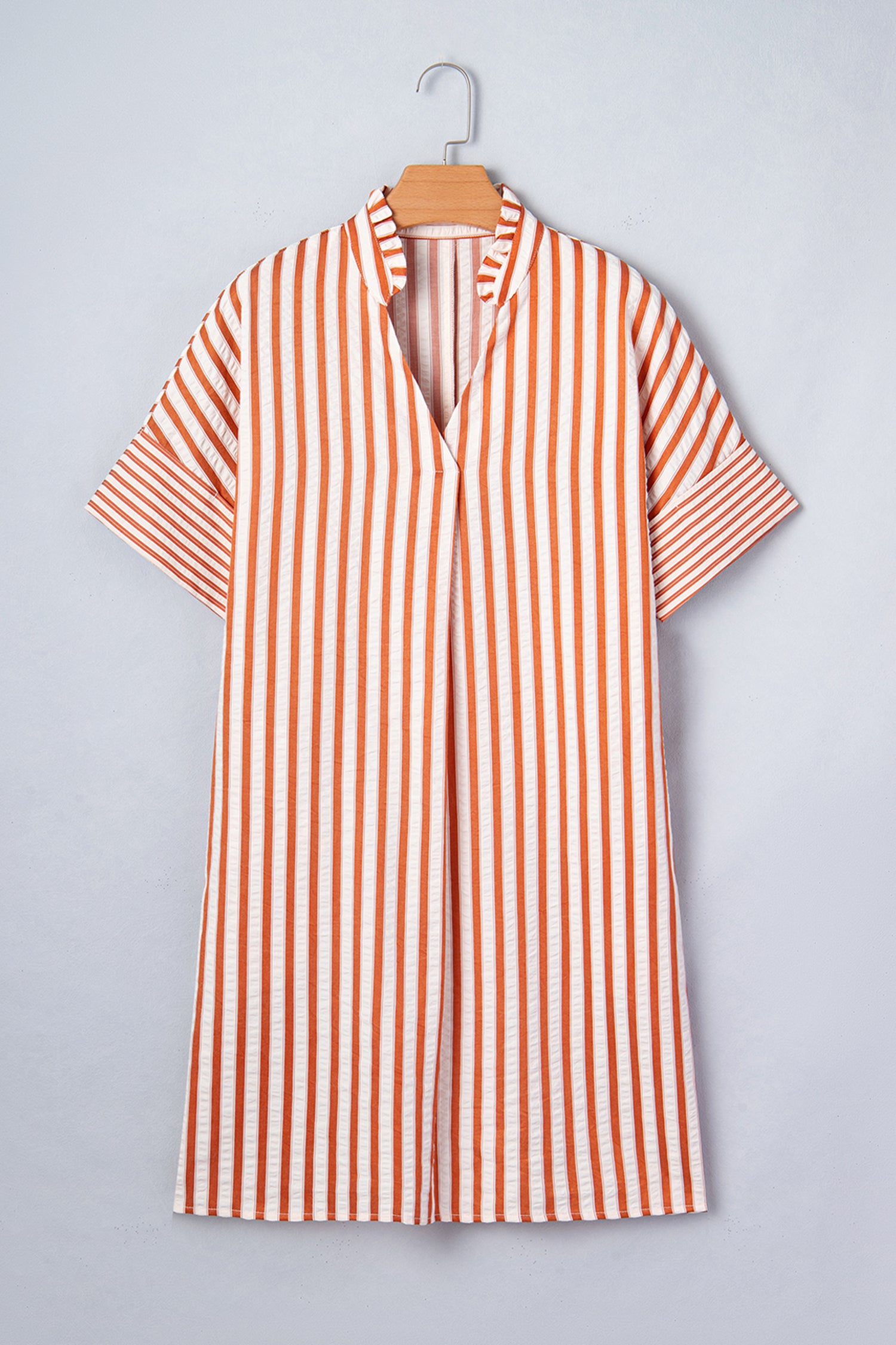 Stripe Pinched V-Neck Turn-up Cuffs Shift Mini Dress