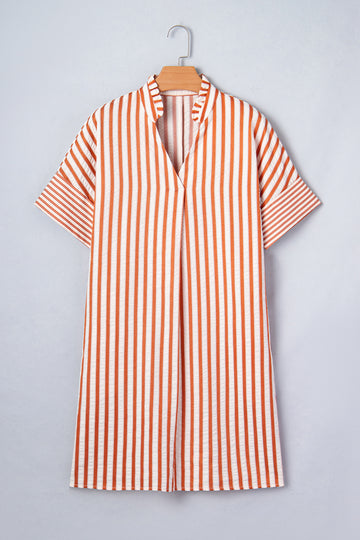 Stripe Pinched V-Neck Turn-up Cuffs Shift Mini Dress