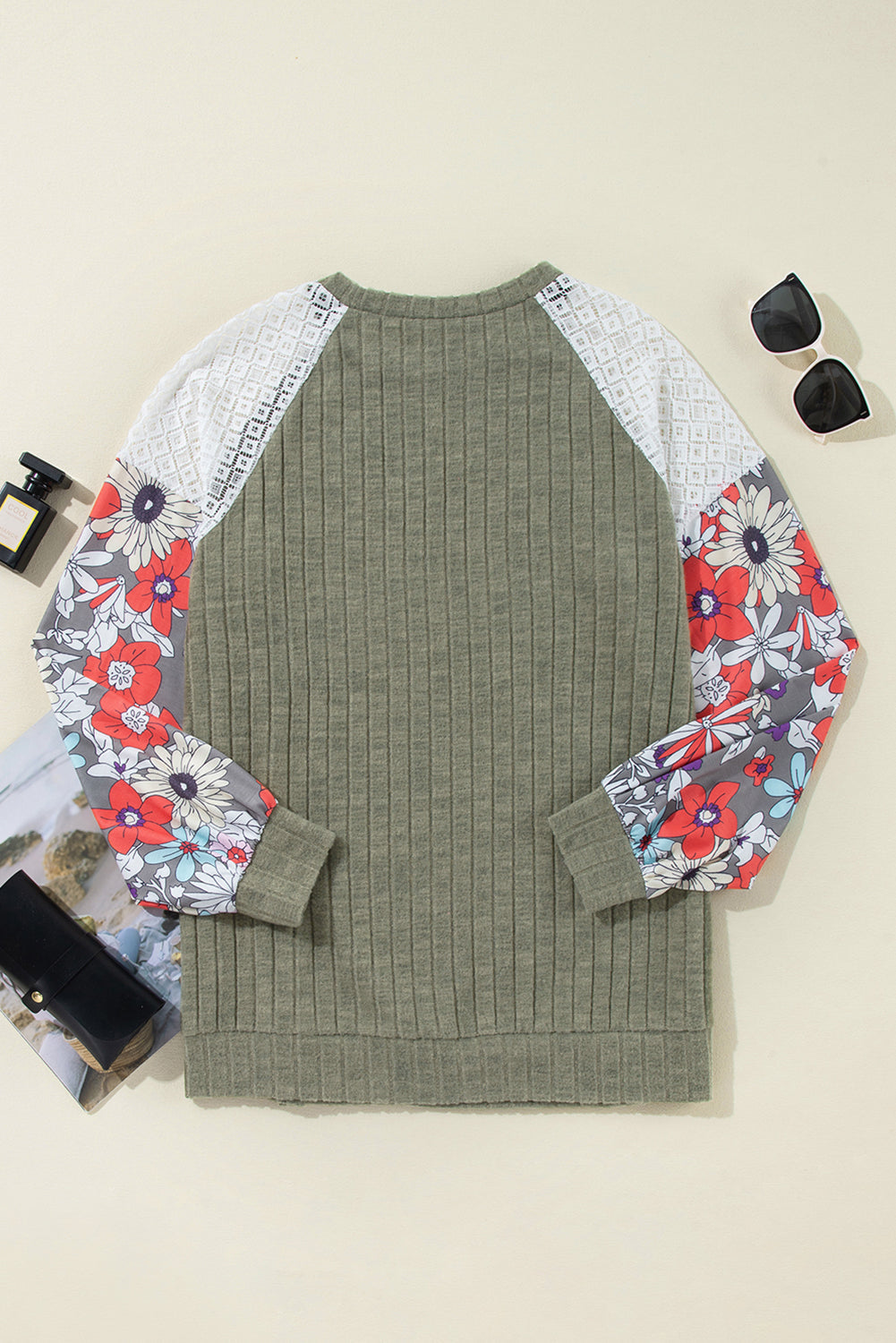 Laurel Green Floral Patchwork Long Sleeve Ribbed Blouse eAura
