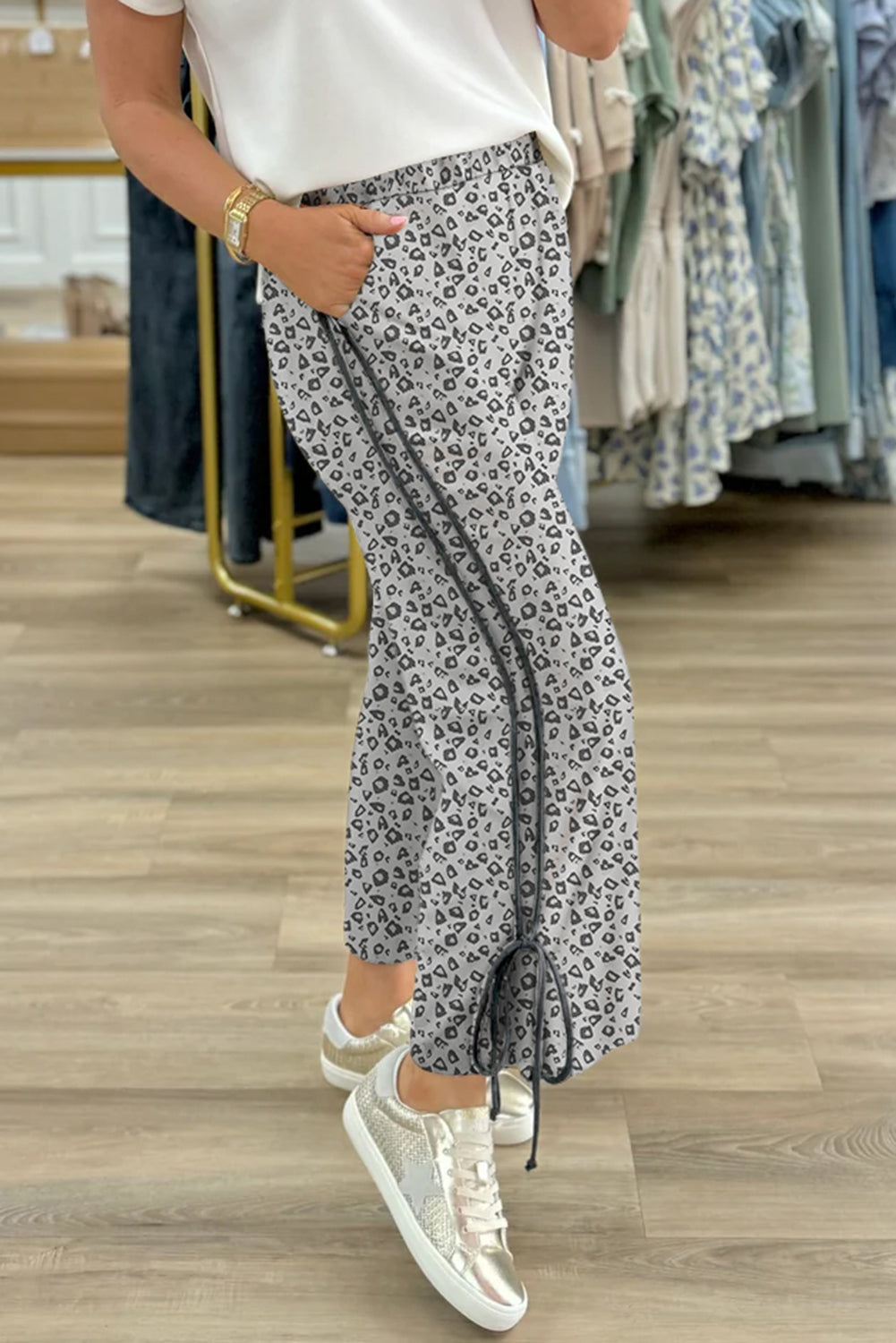 Grey Leopard High Waist Side Bow Straight Leg eAura