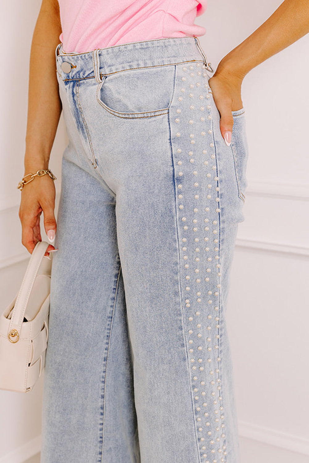 Mid Rise Pearl Embellished Split Wide Leg Jeans - eAura