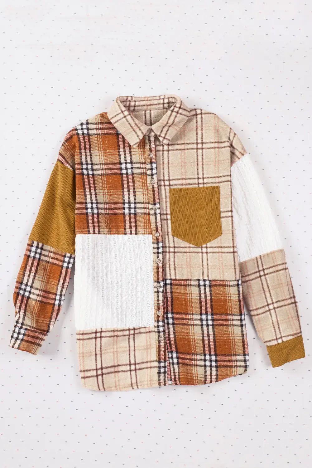 Orange Plaid Colour Block Patchwork Shirt Jacket with Pocket