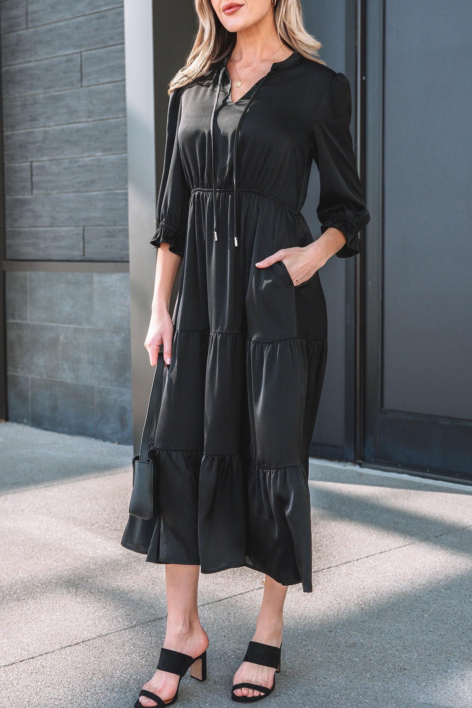 Bracelet Sleeve V-Neck Tiered Maxi Dress