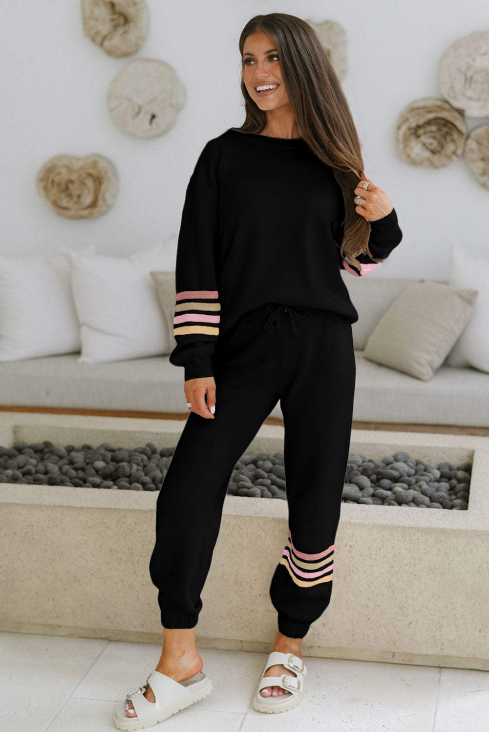Striped Drop Shoulder Pullover and Joggers - eAura
