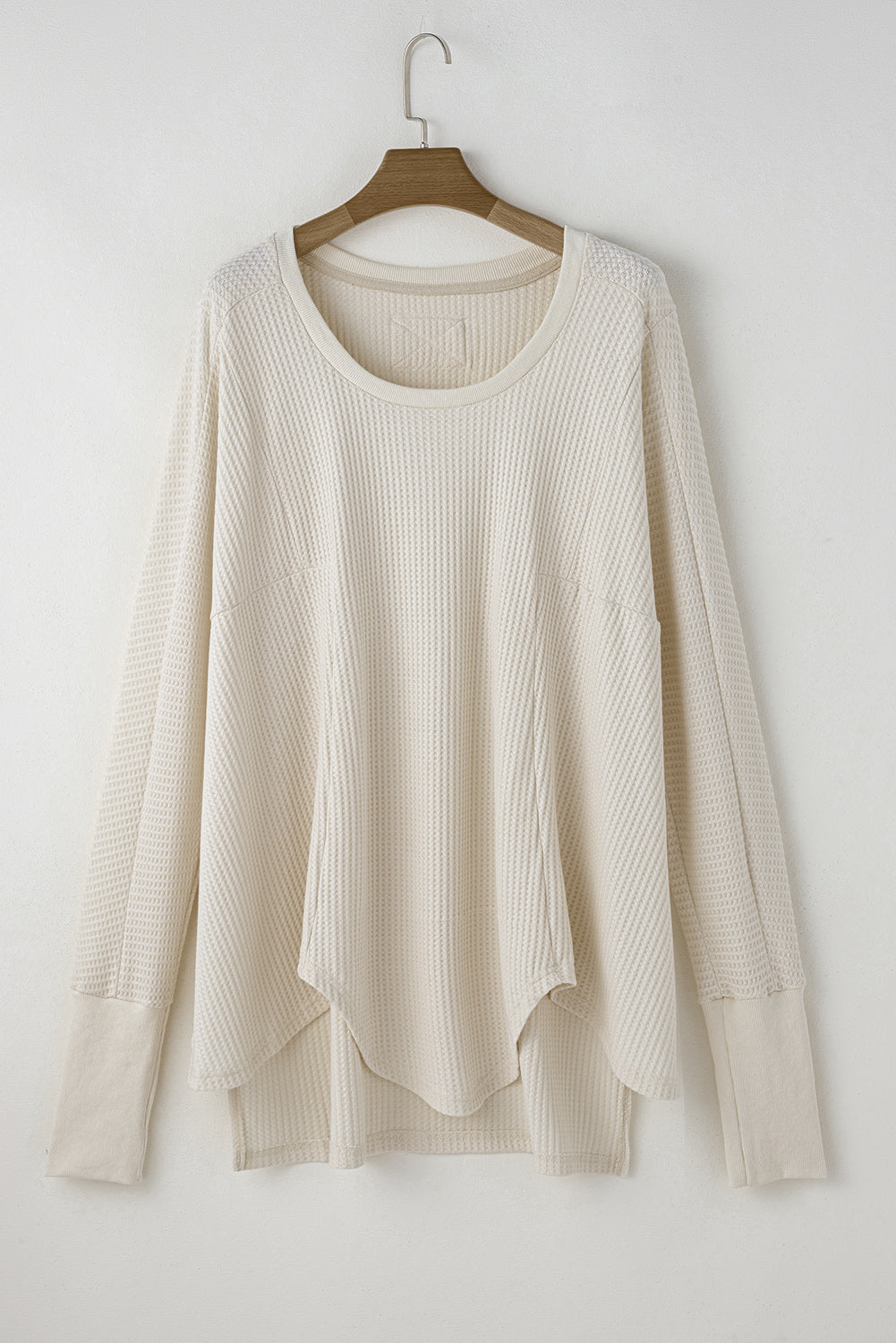 White Waffle Knit Exposed Seam V Neck Oversized Top eAura