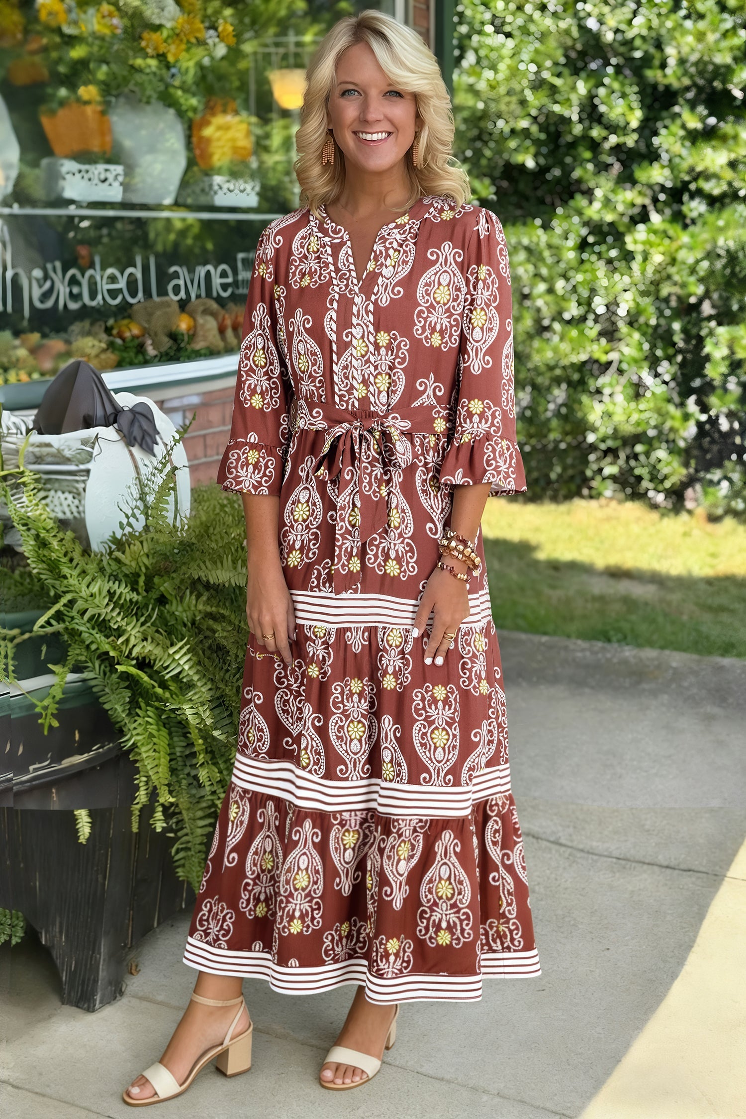 Floral Print Belted Striped Trim Tiered Maxi Dress - eAura