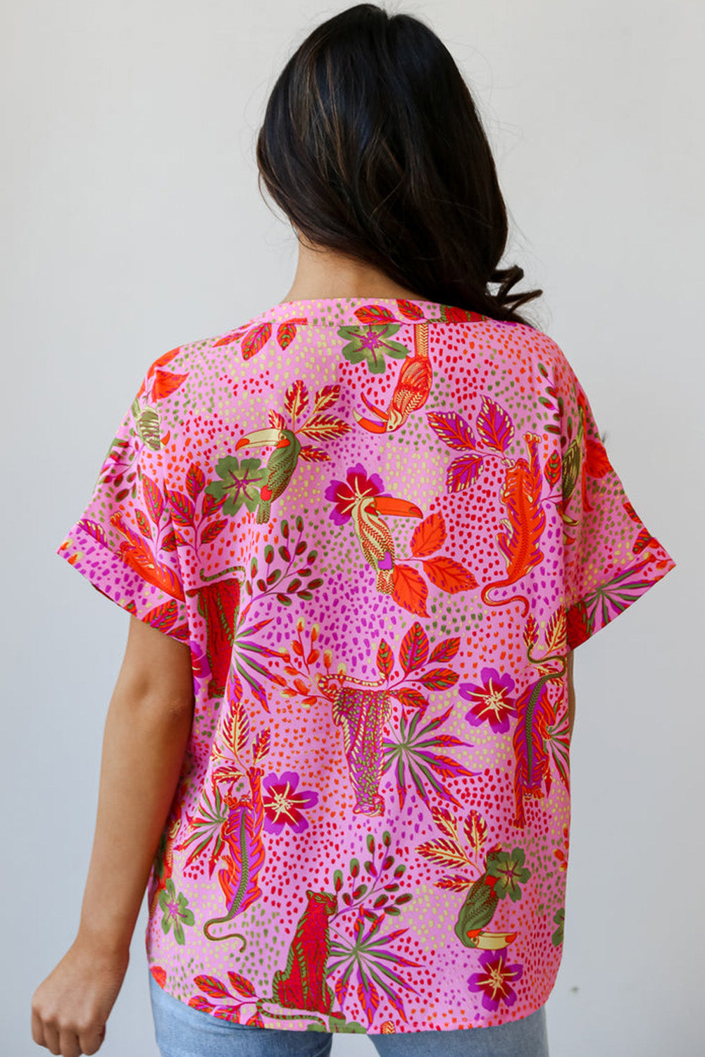 Rose Jungle Floral Print Notch V Neck Blouse eAura