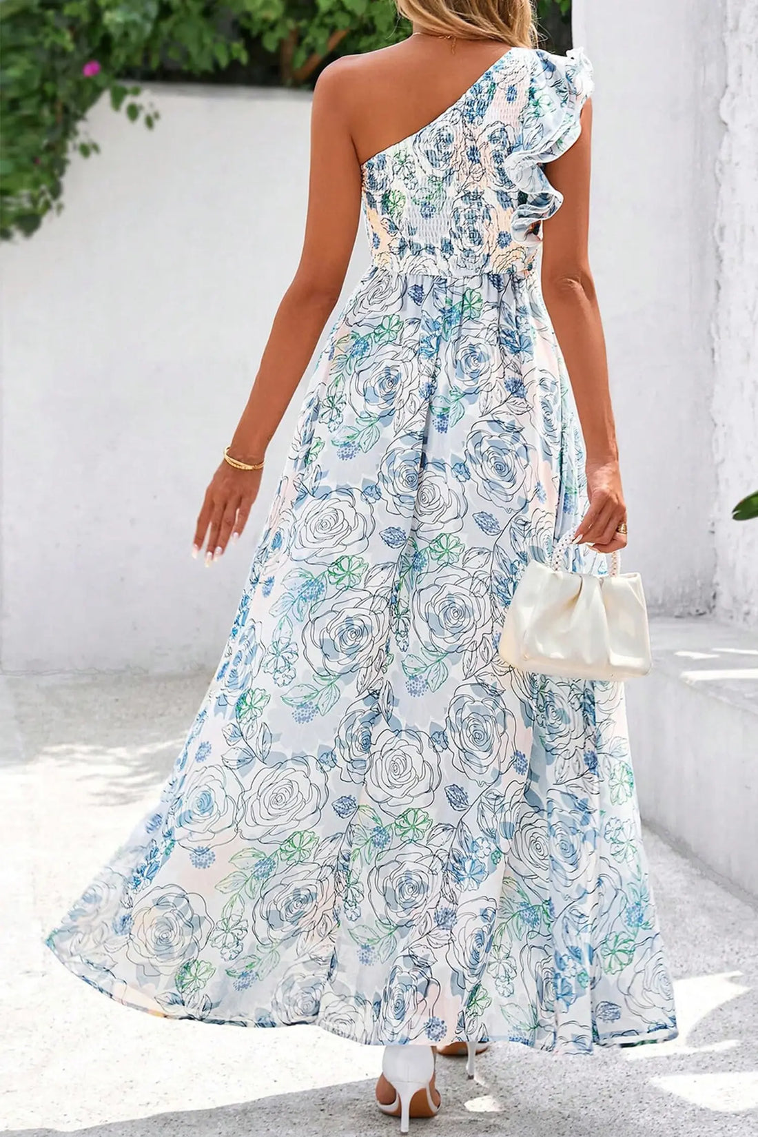 Sky Blue Floral Print Ruffled One Shoulder Maxi Dress