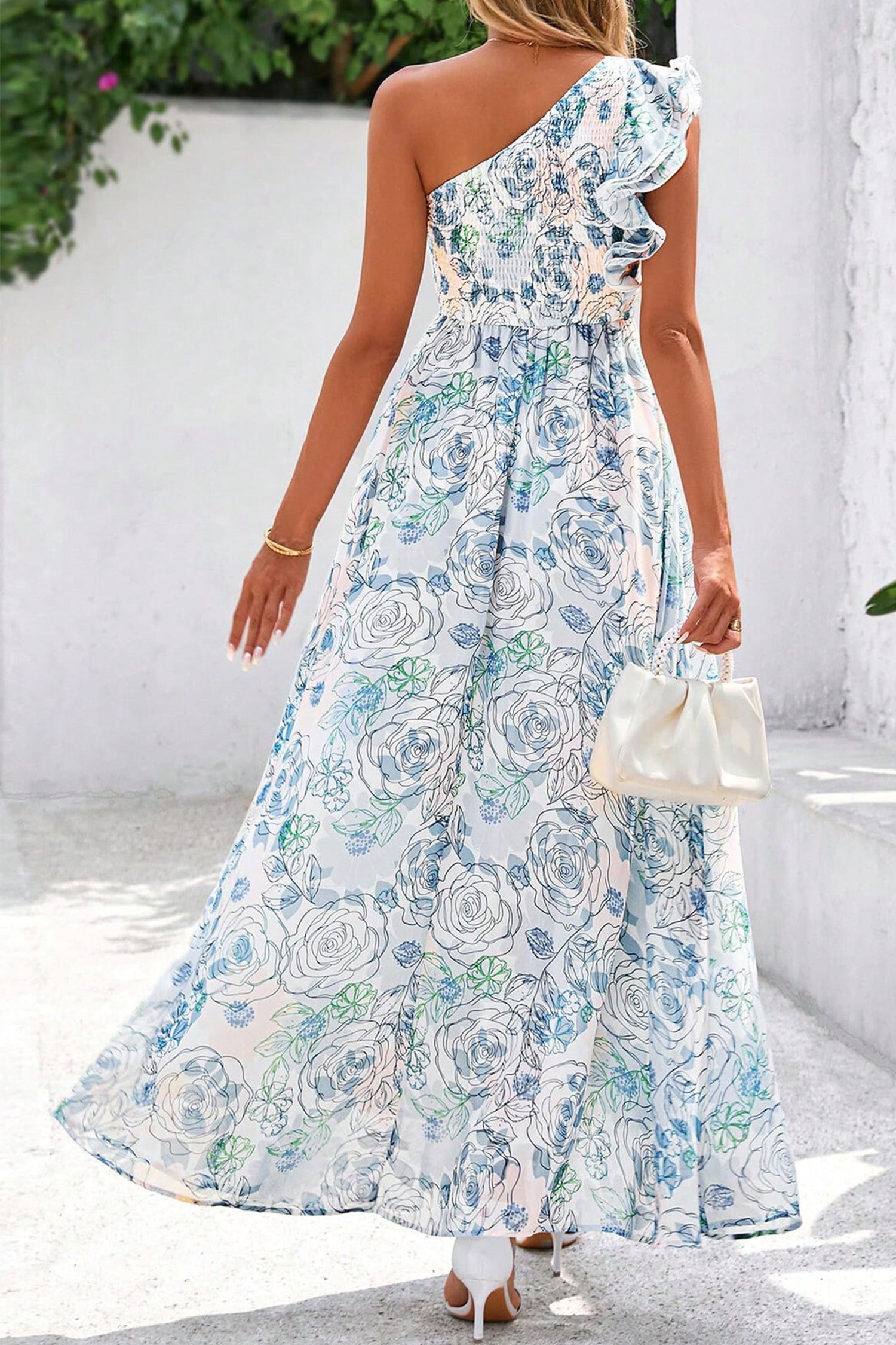 Sky Blue Floral Print Ruffled One Shoulder Maxi Dress