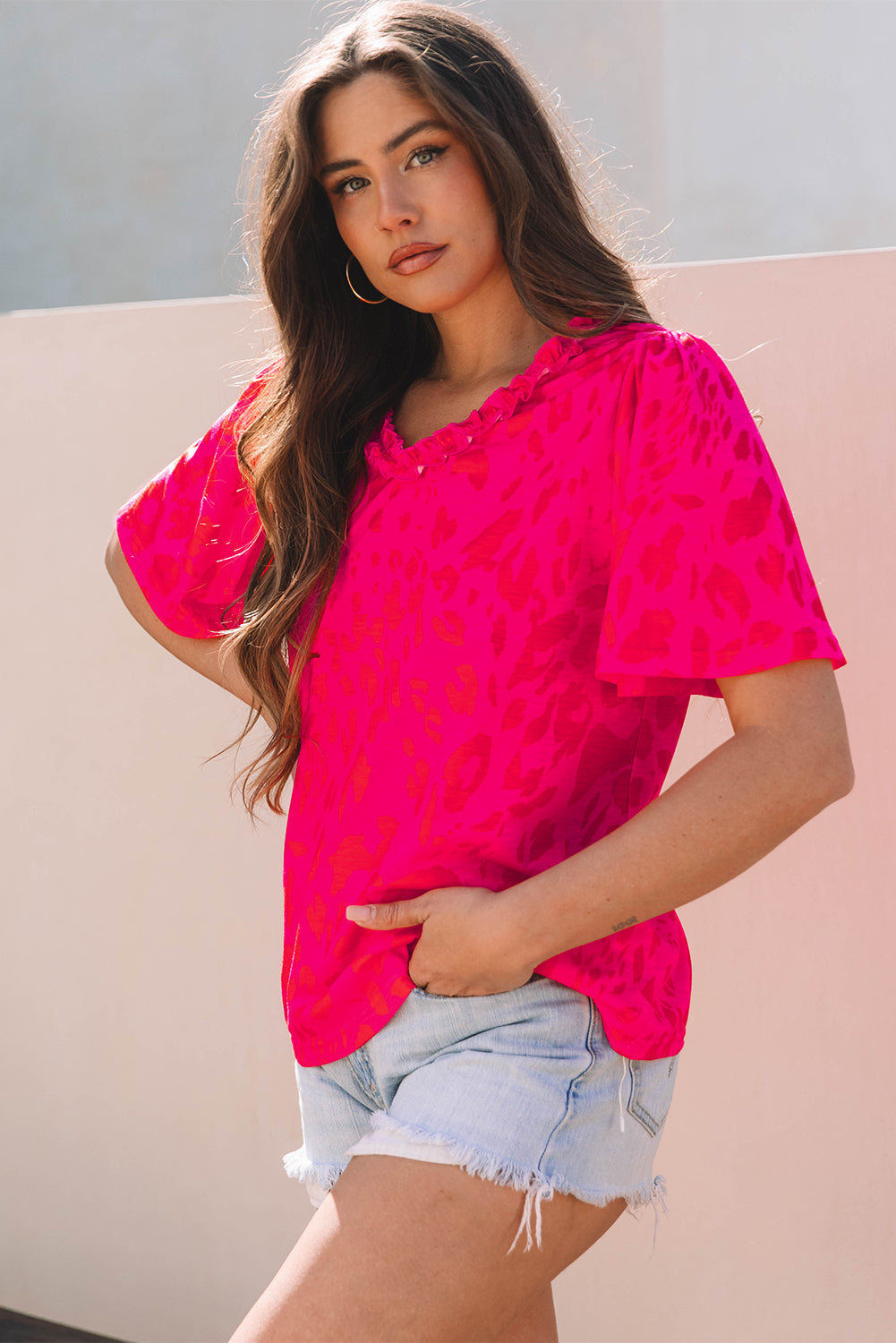 Rose Leopard Frilly V Neck Short Sleeve Blouse eAura