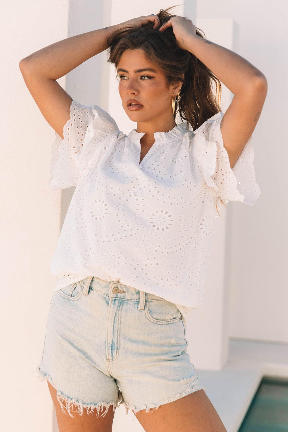 White Broderie Anglaise Ruffle Short Sleeve Blouse eAura