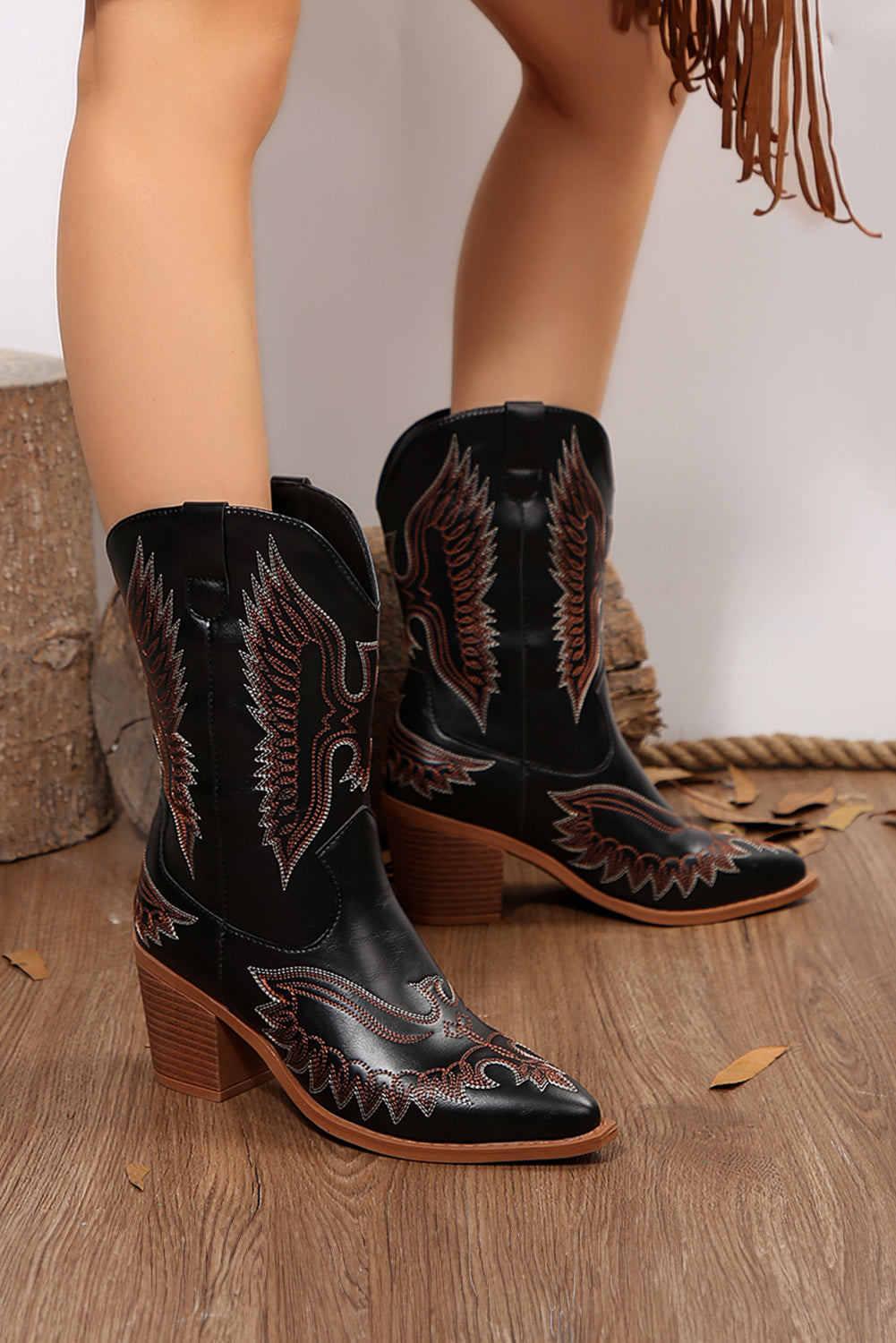 Black Embroidered Pattern Point Toe Mid Calf Boots - eAura