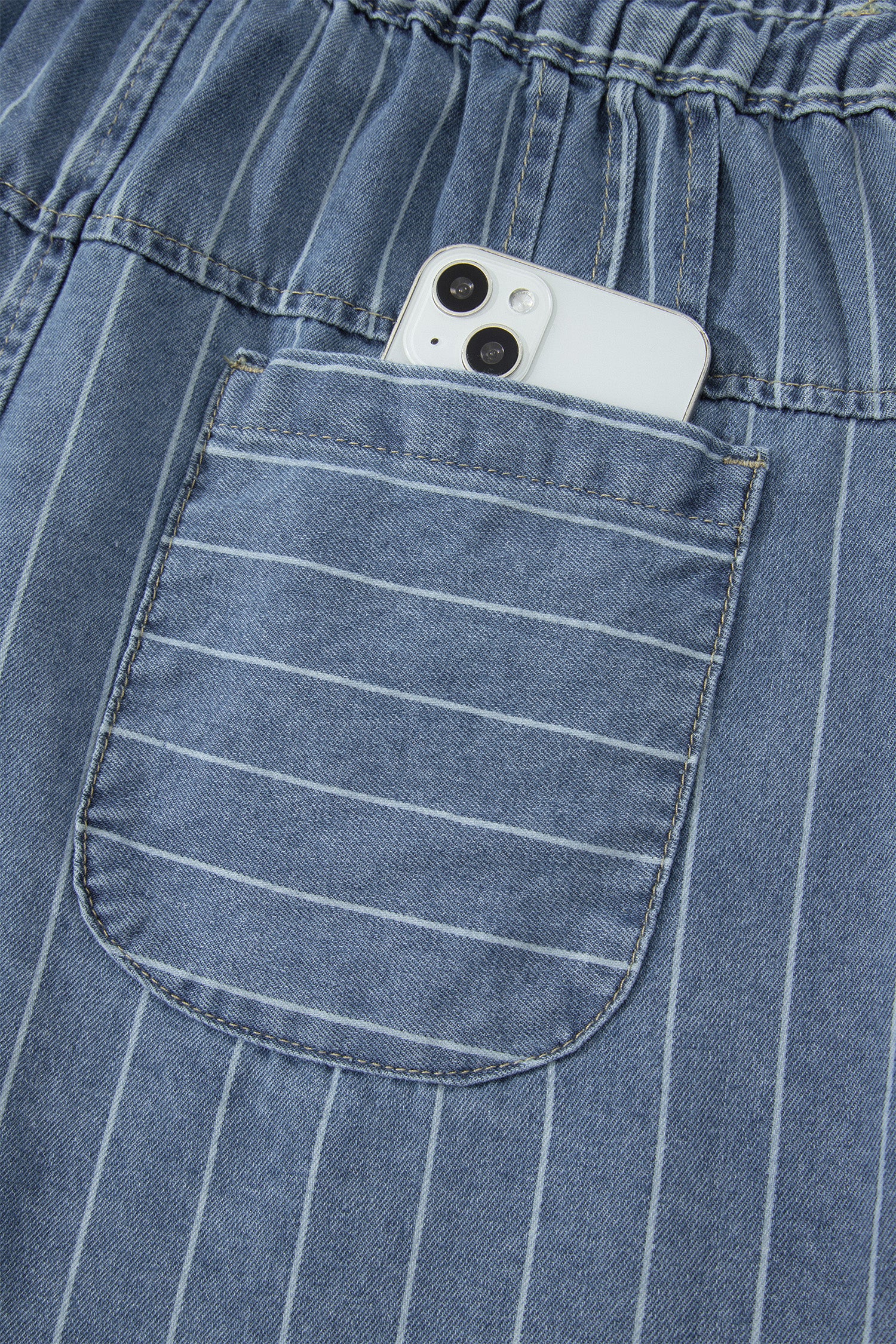 Sky Blue Stripe Drawstring Pleated High Waist Denim Shorts