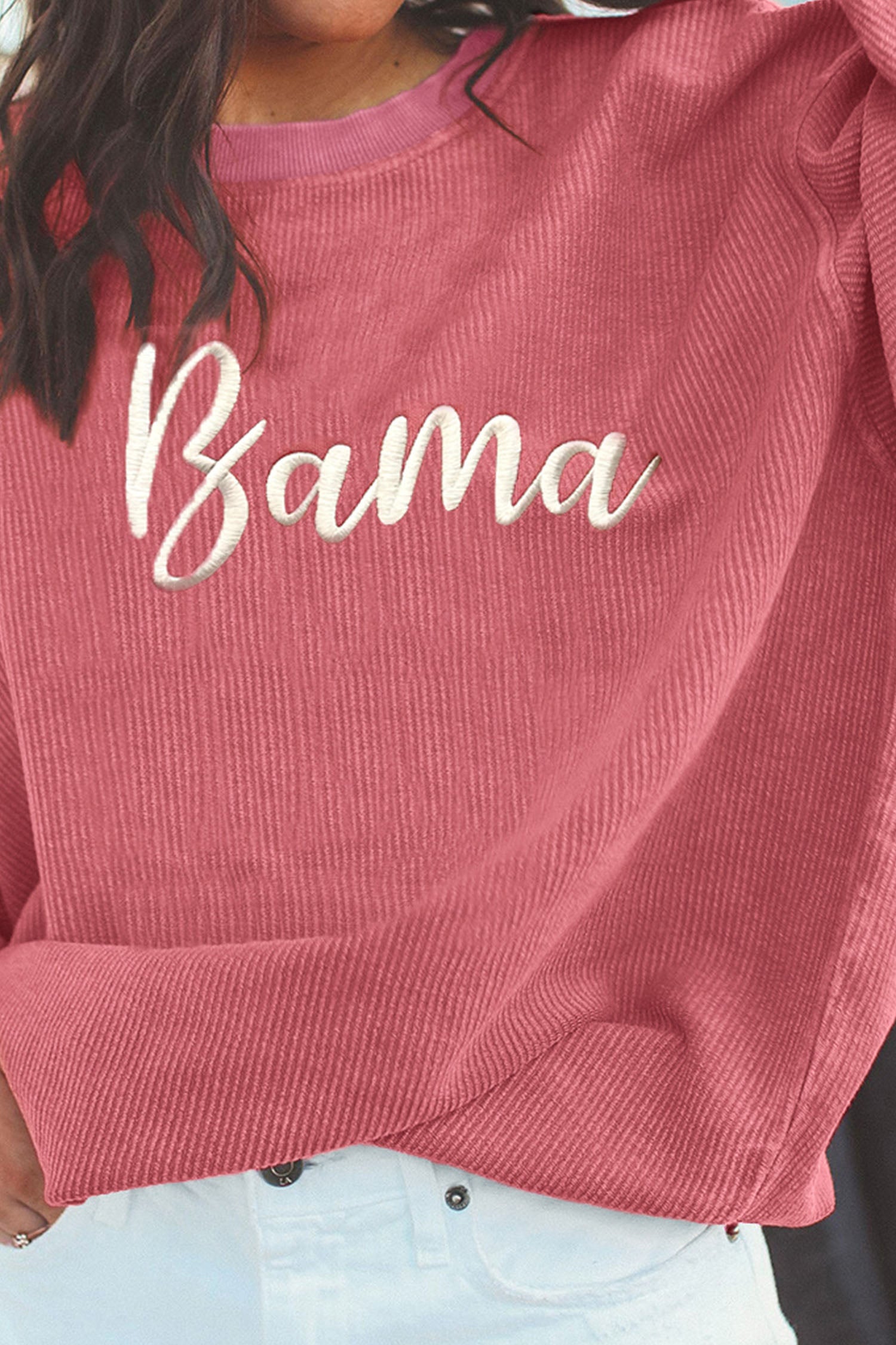 Pink Ribbed Bama Embroidered Letter Graphic Sweatshirt - Graphic/Graphic Sweatshirts