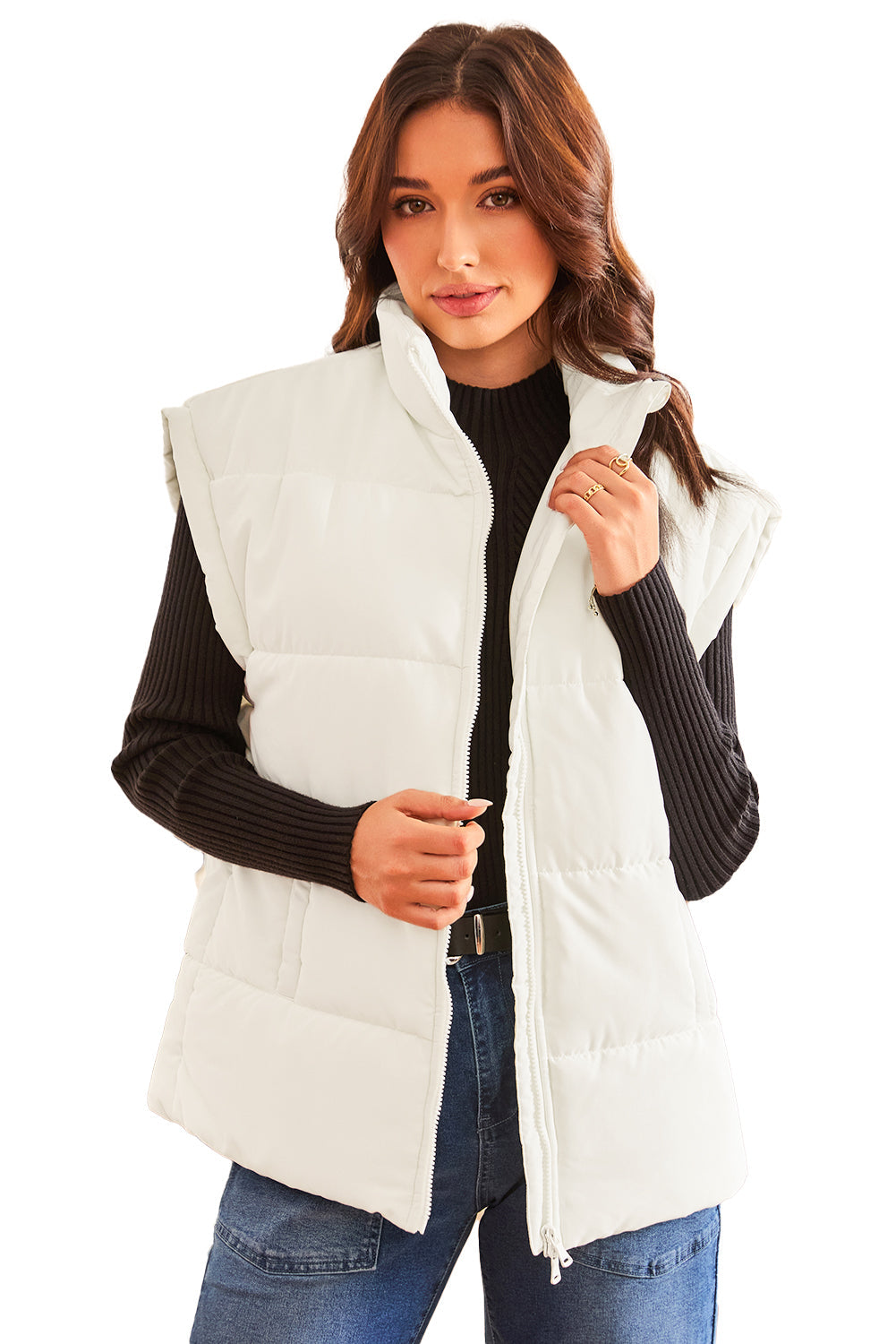 Beige Zipper Stand Neck Oversized Puffer Vest - eAura