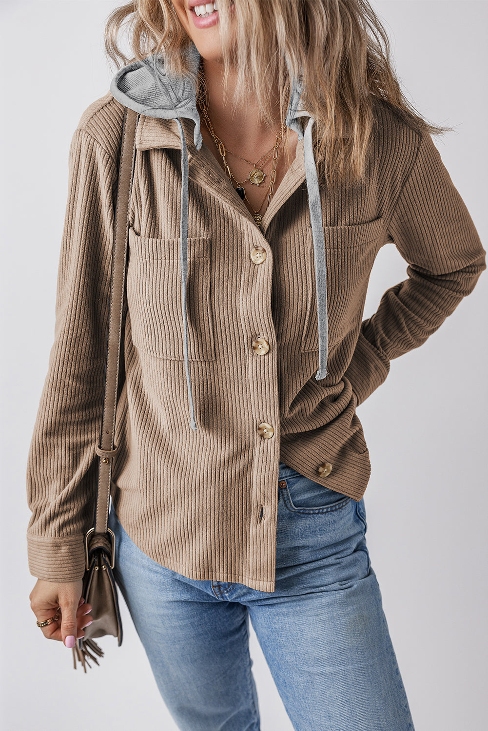 Pale Khaki Hooded Drawstring Pockets Corduroy Shacket eAura