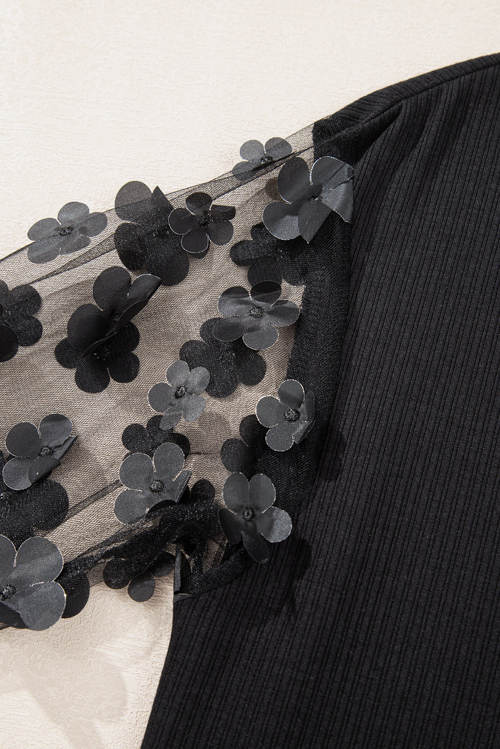 Black Flower Applique Mesh Long Sleeve V-Neck Blouse - eAura