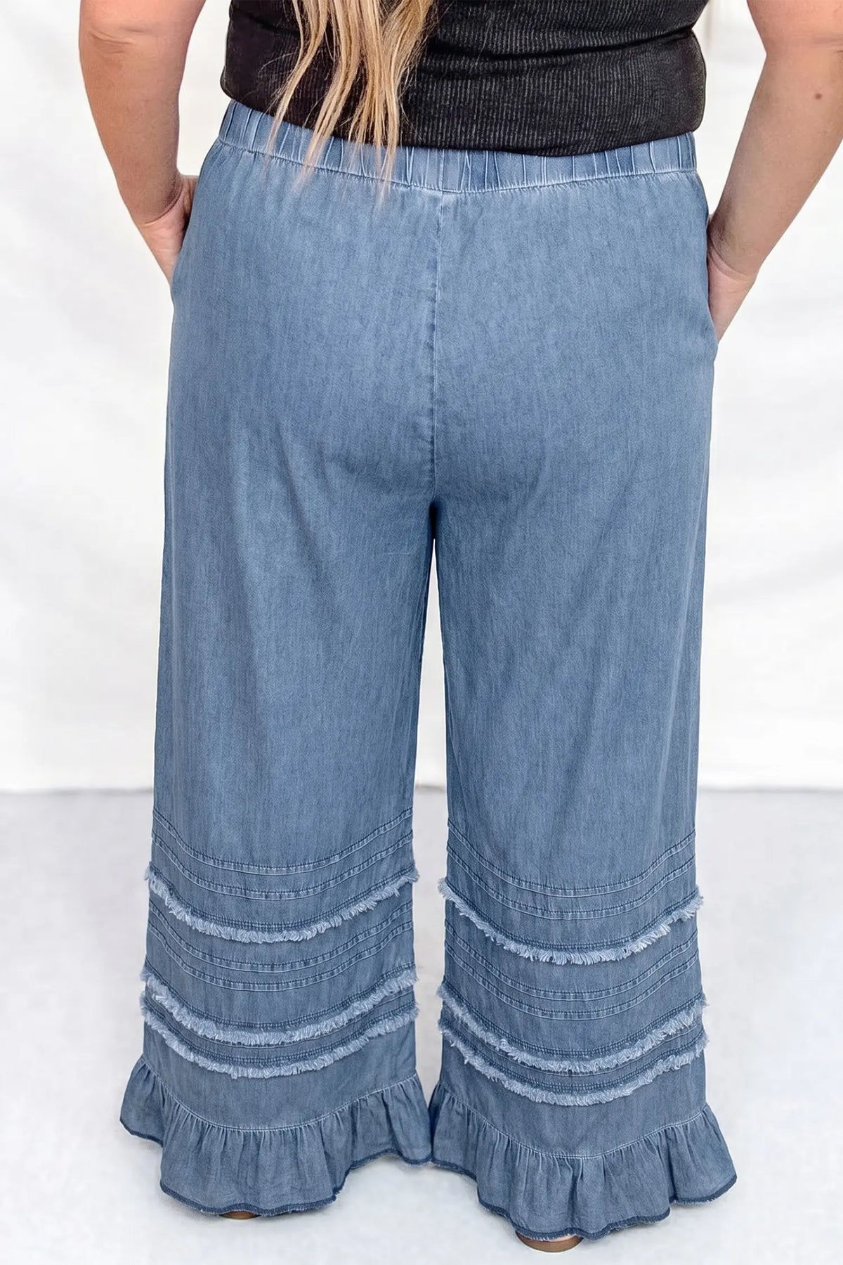 Tiered Raw Edge Ruffled Plus Size Wide Leg Denim Pants – Dusk Blue