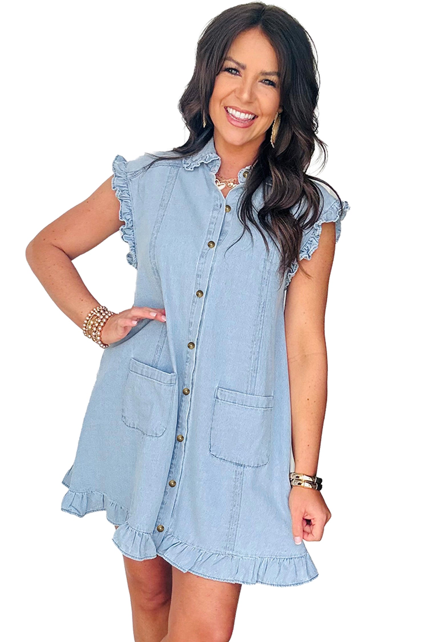 Blue Ruffled Edge Collared Shift Denim Dress with Pockets