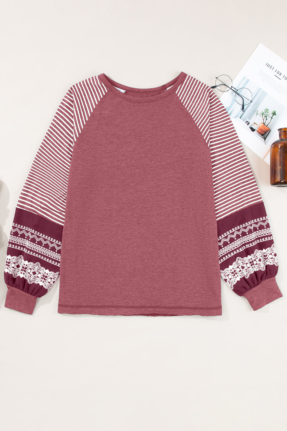 Contrast Print Striped Raglan Long Sleeve Loose Top - eAura