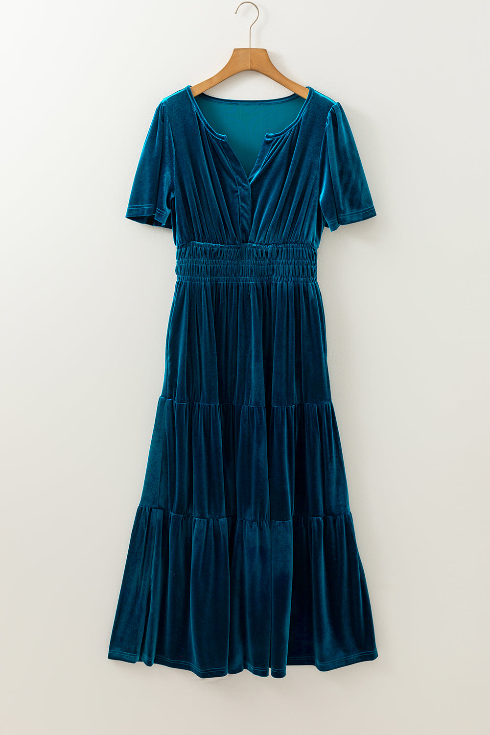 Prussian Blue Velvet Short Sleeve Shirred Waist Tiered Maxi Dress BB Fashion Outlet
