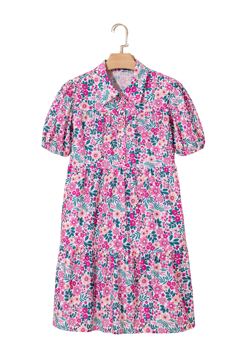 Pink Floral Collared Half Placket Short Sleeve Loose Dress eAura