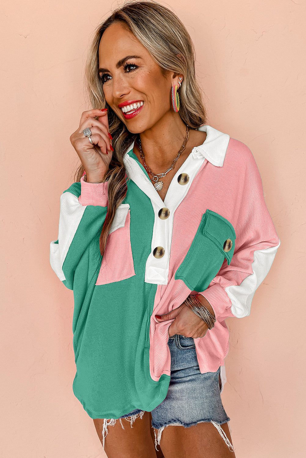 Pink Colourblock Ribbed Collared Oversized Sweatshirt eAura