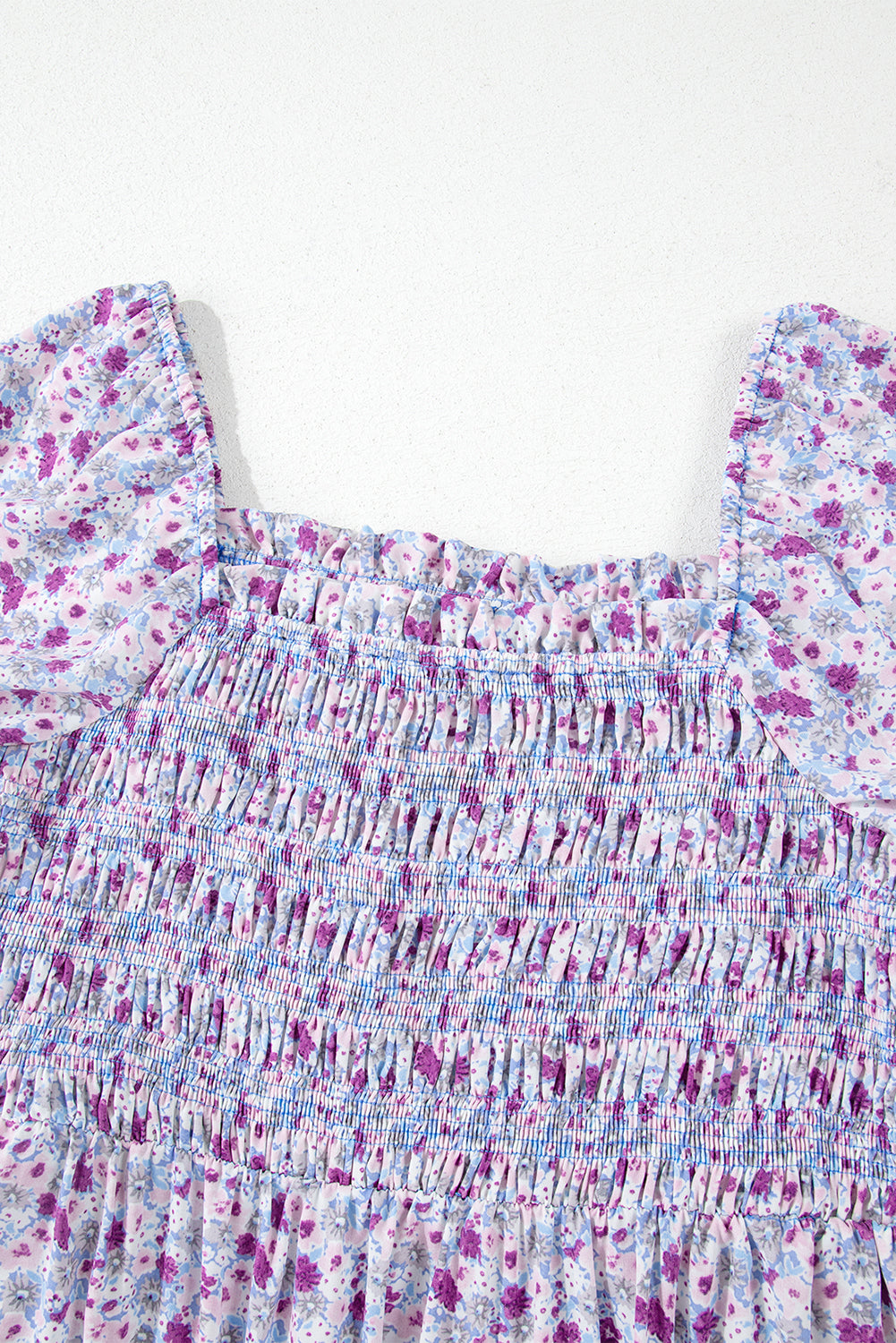 Purple Floral Short Bubble Sleeve Shirred High Waist Maxi Dress eAura