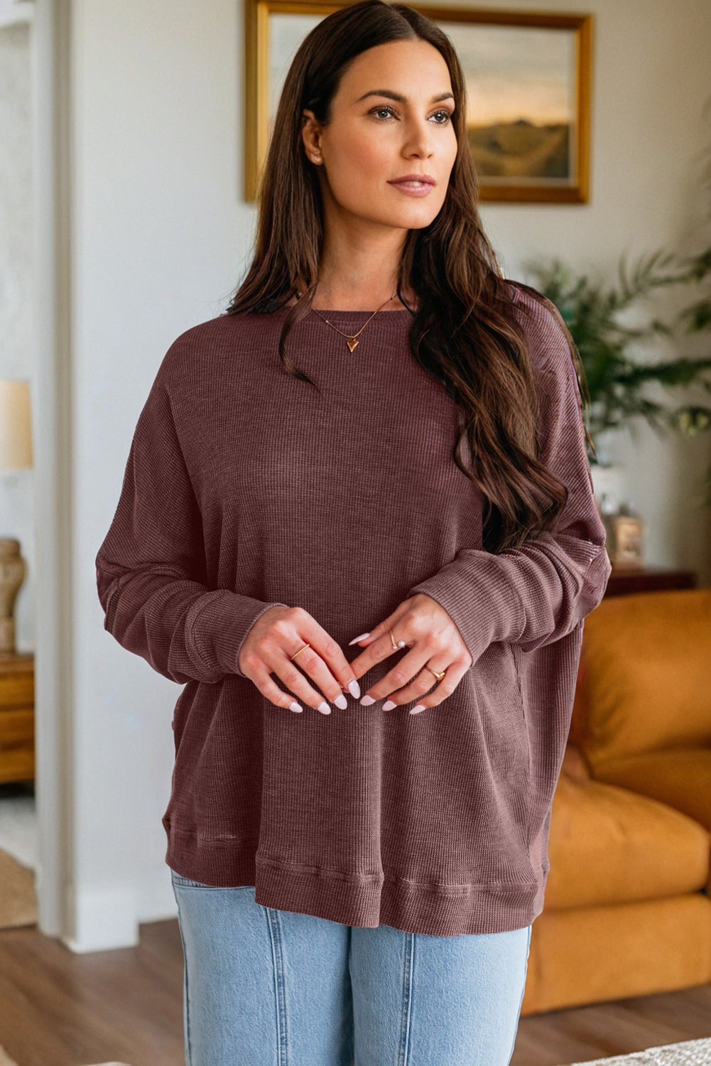 Waffle Textured Long Sleeve Loose Top eAura