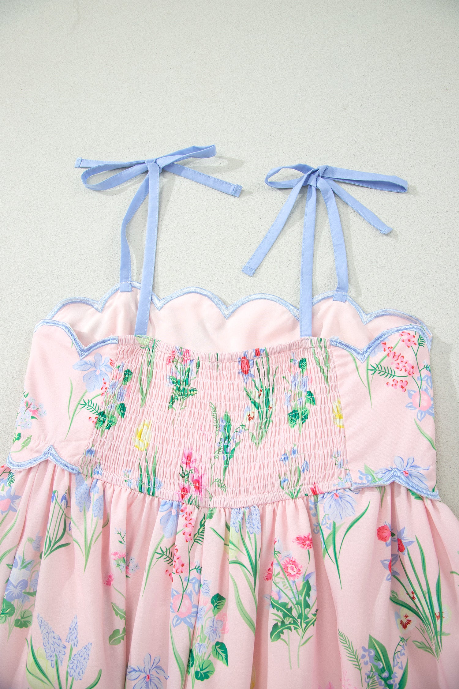 Floral Print Contrast Trim Self-Tie Straps Midi Dress